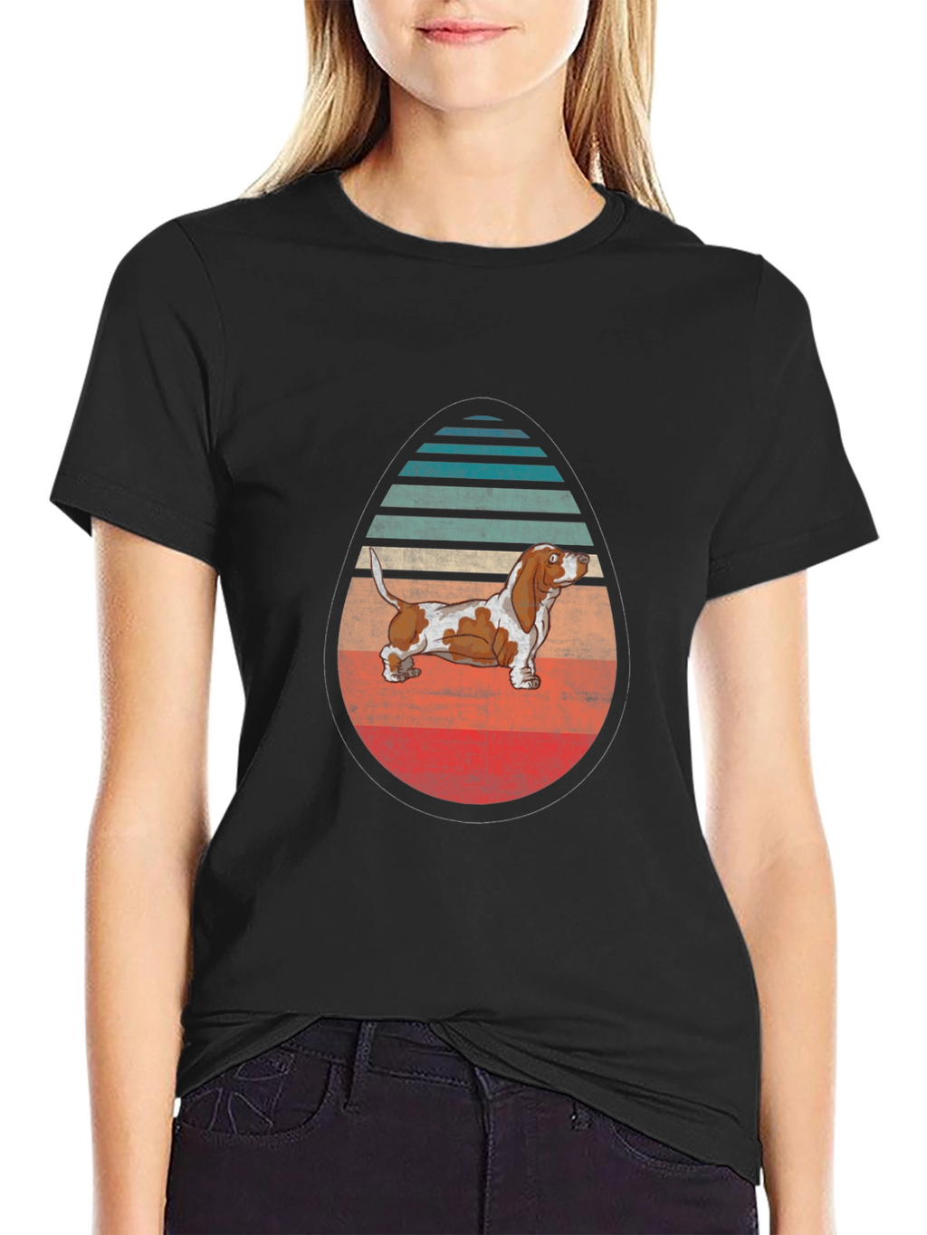 Basset Hound Egg-Shaped Retro Striped T-Shirt