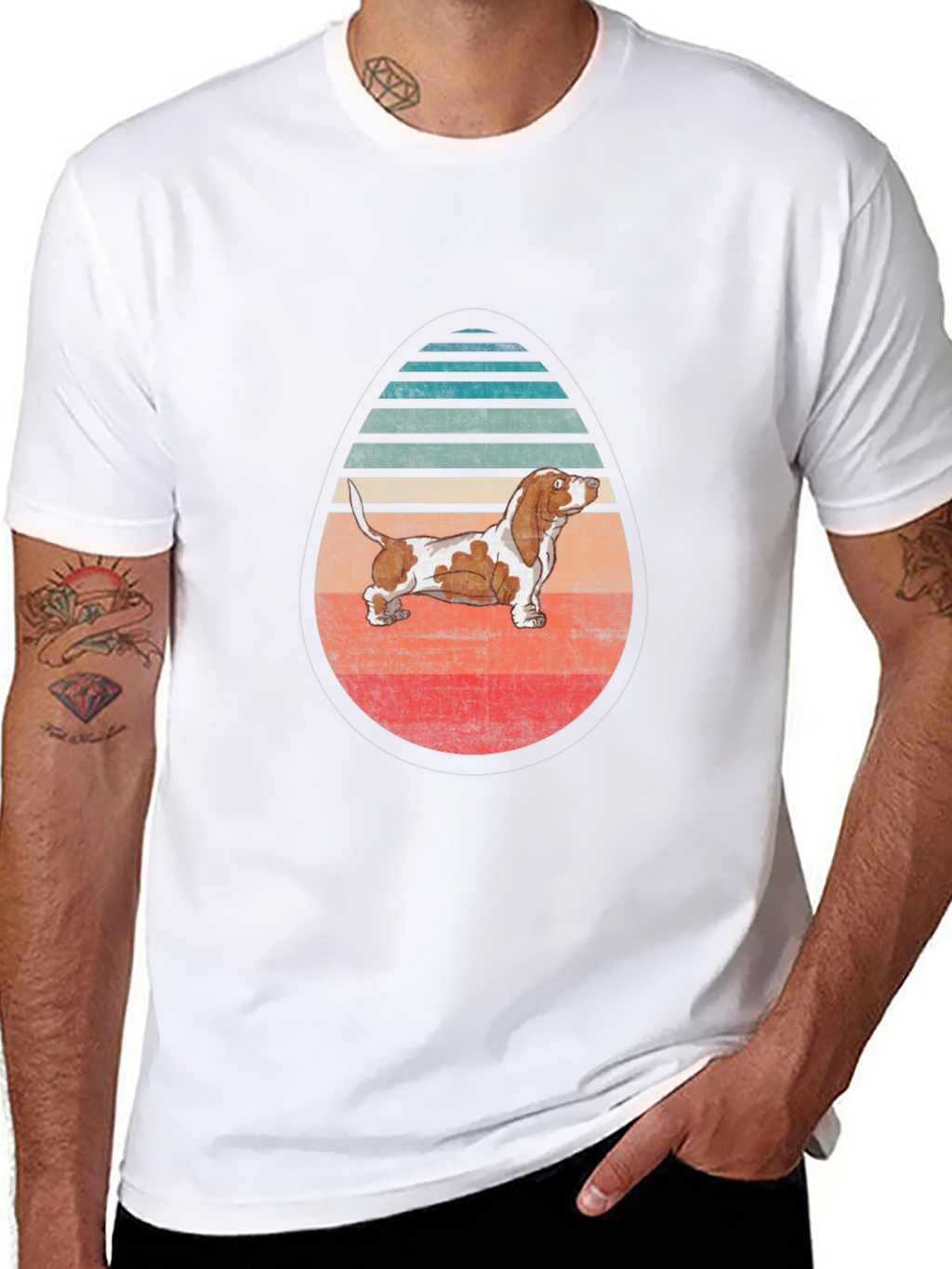 Basset Hound Egg-Shaped Retro Striped T-Shirt