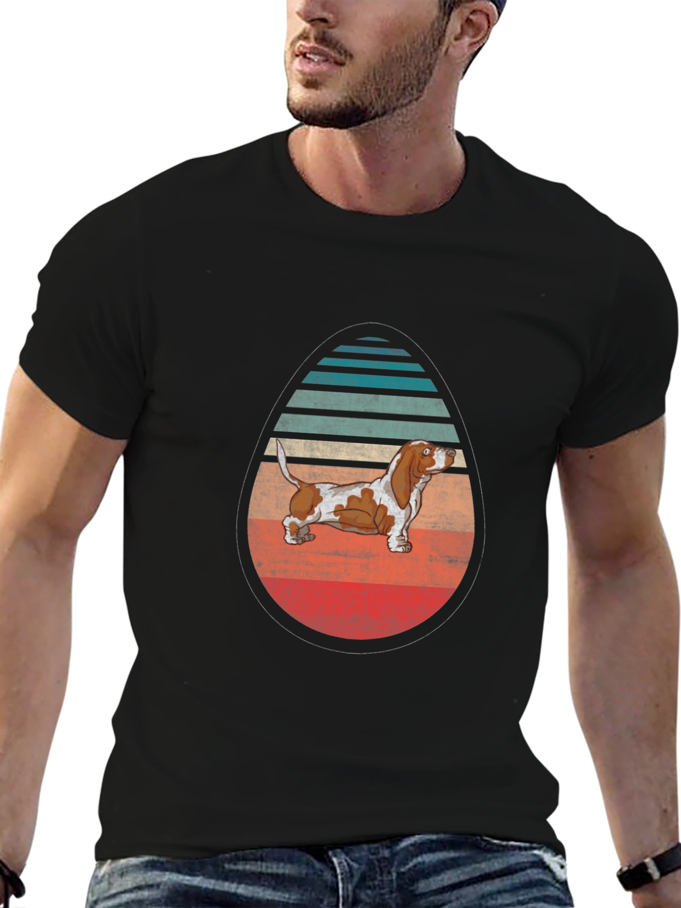 Basset Hound Egg-Shaped Retro Striped T-Shirt