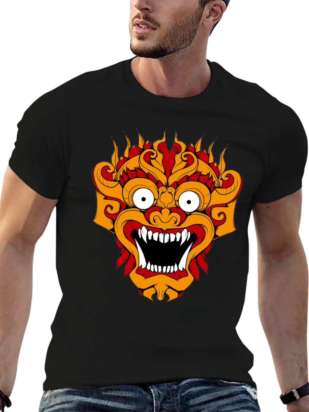 Black T-Shirt with Fiery Monster Graphic