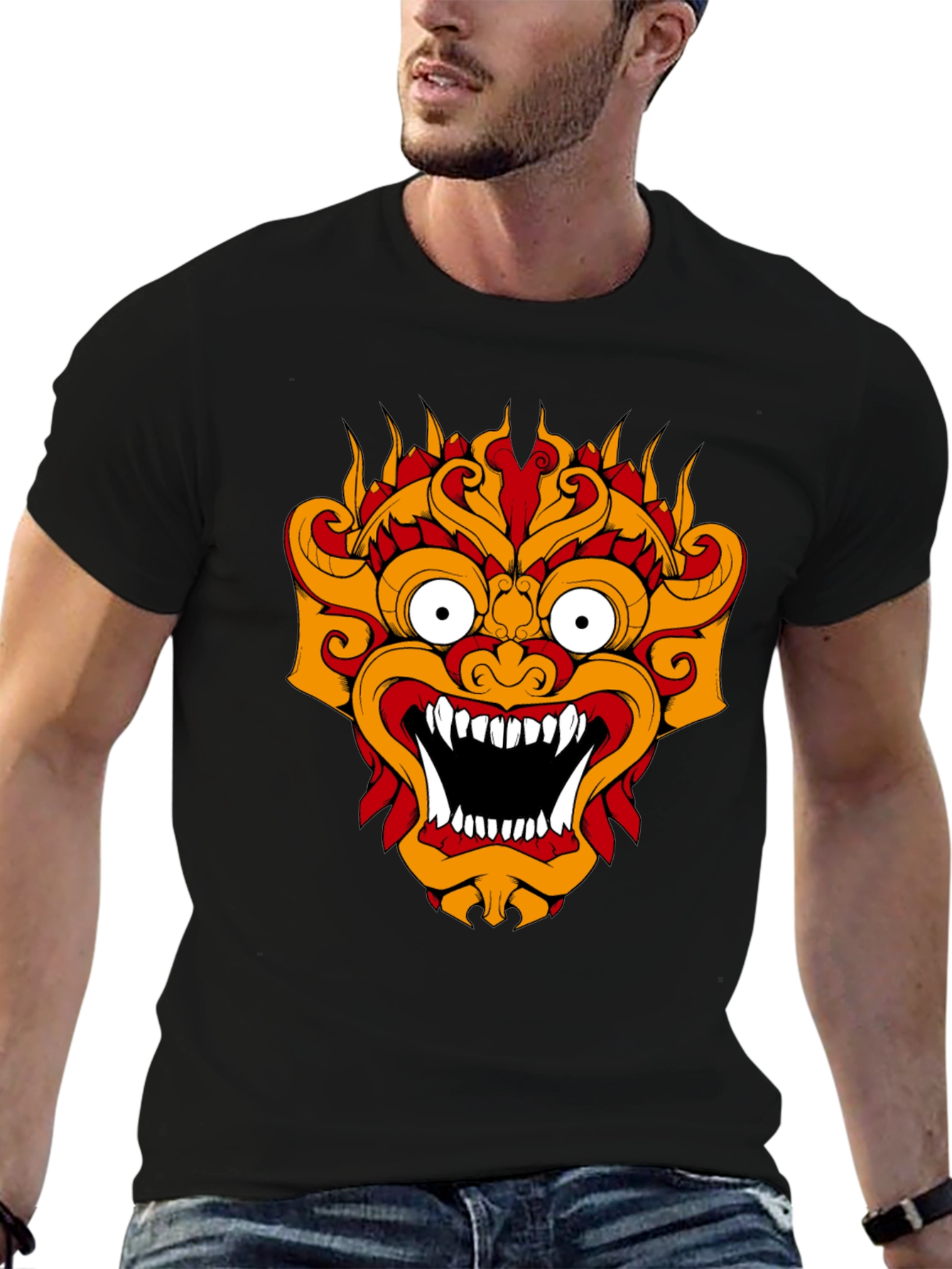Black T-Shirt with Fiery Monster Graphic
