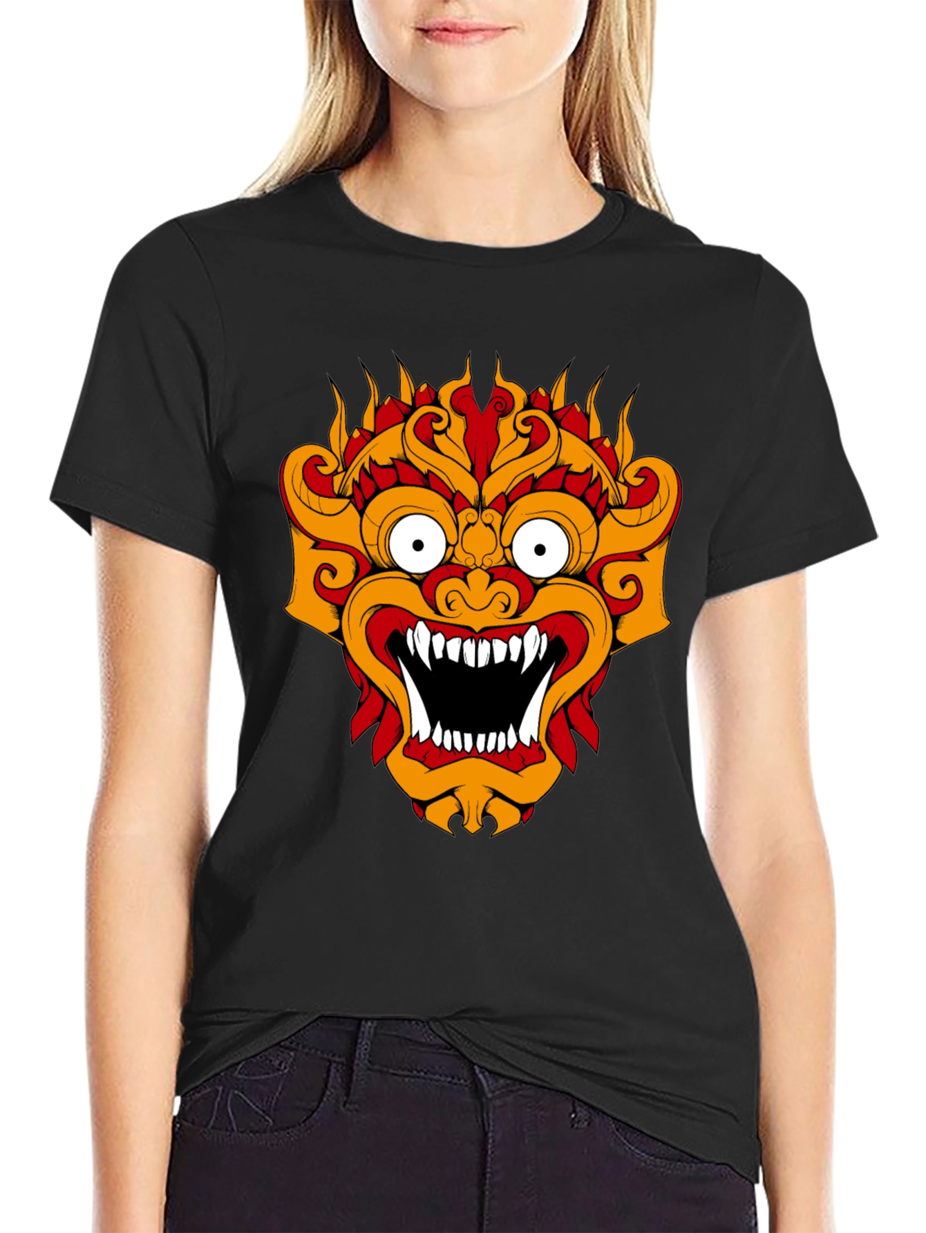 Black T-Shirt with Fiery Monster Graphic