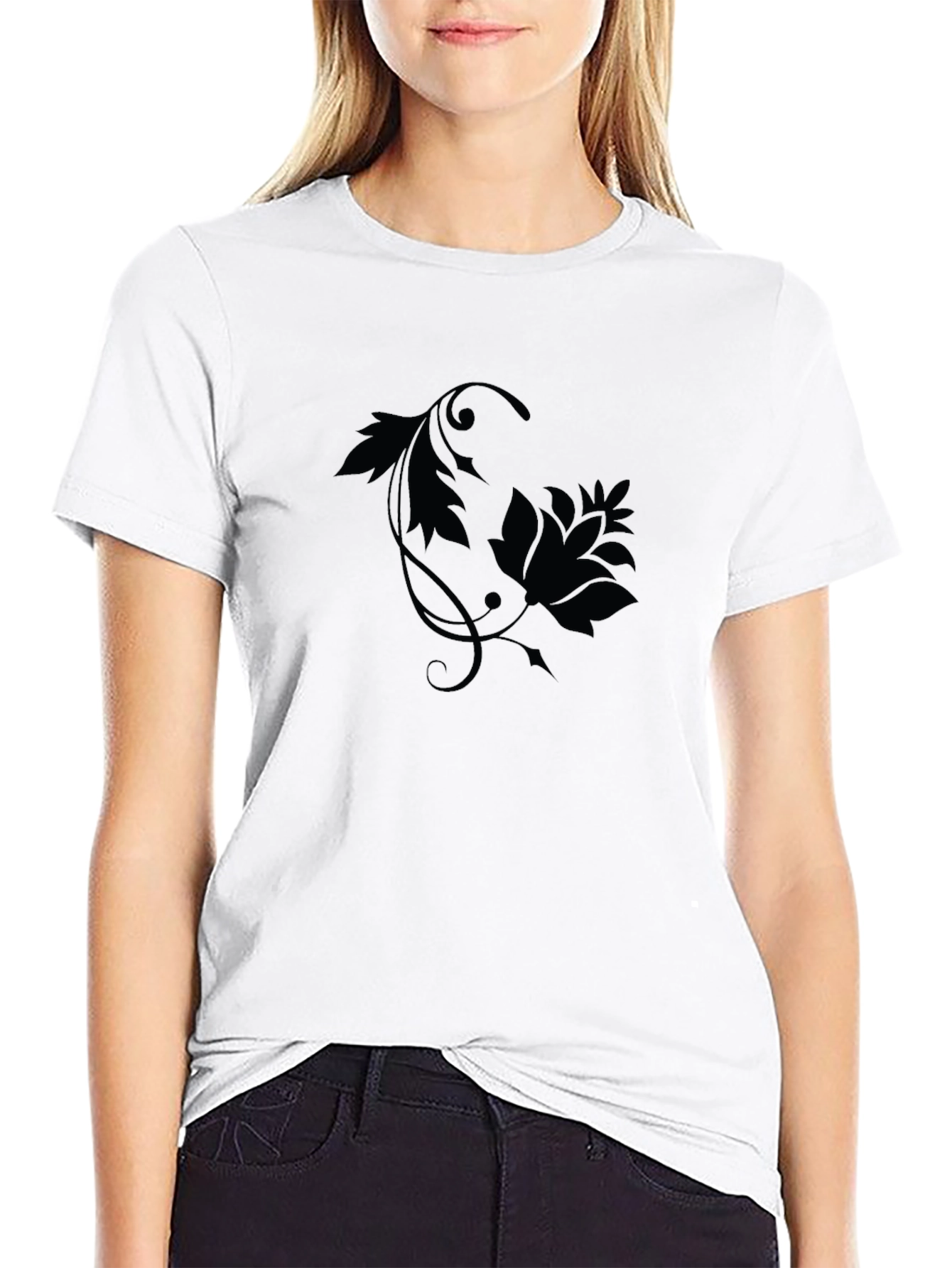 Black Floral Print Crew Neck T-Shirt