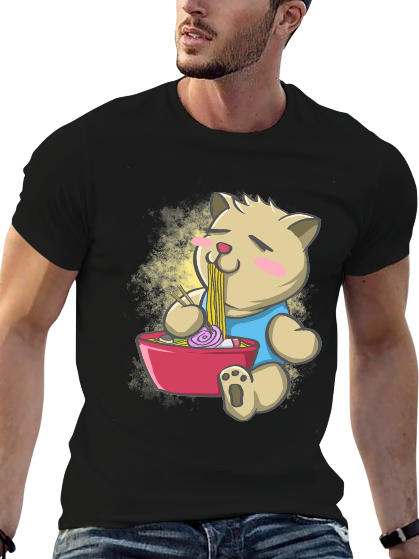 Cute Ramen Bear Black T-Shirt