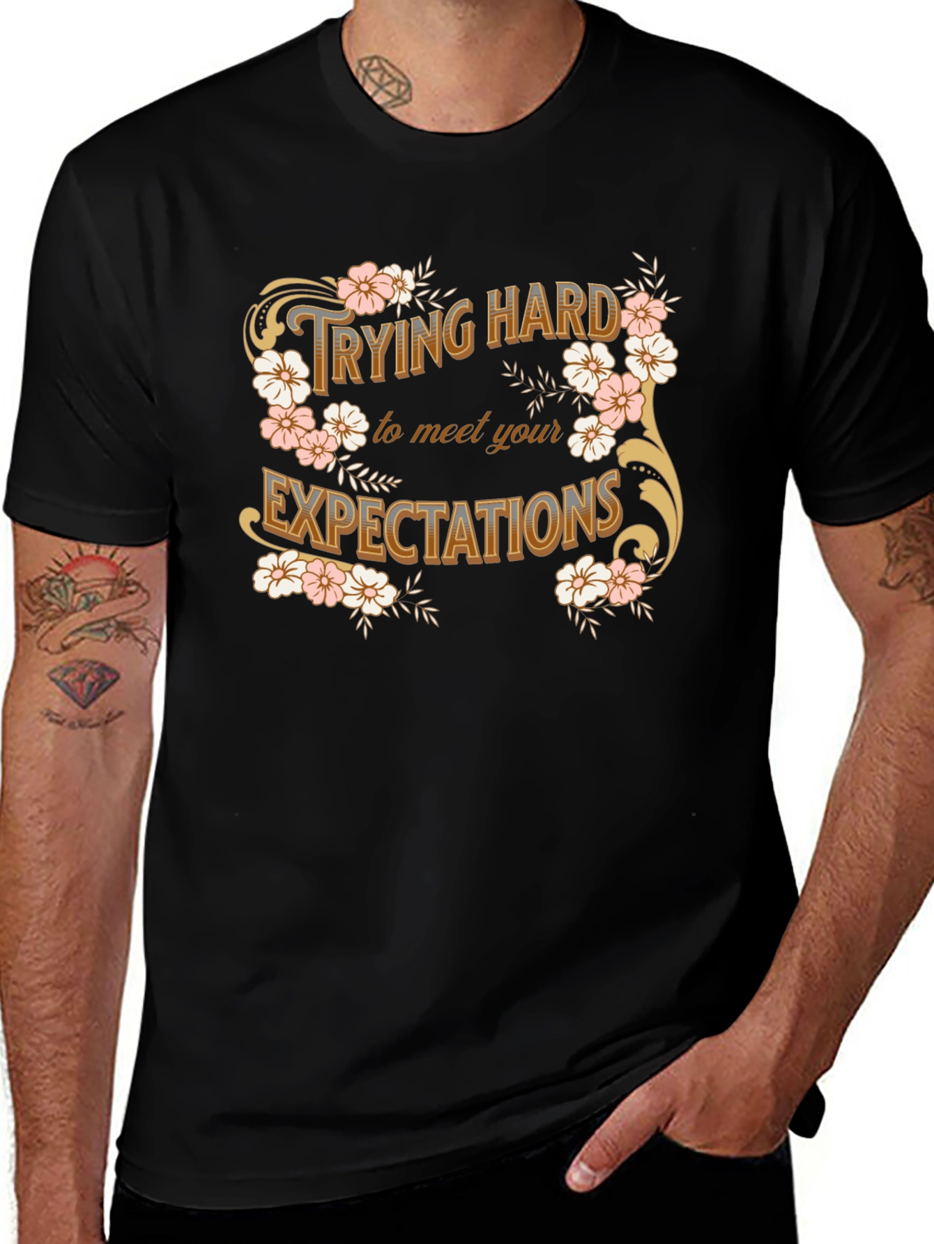 Trying Hard Floral Graphic Tee - Black