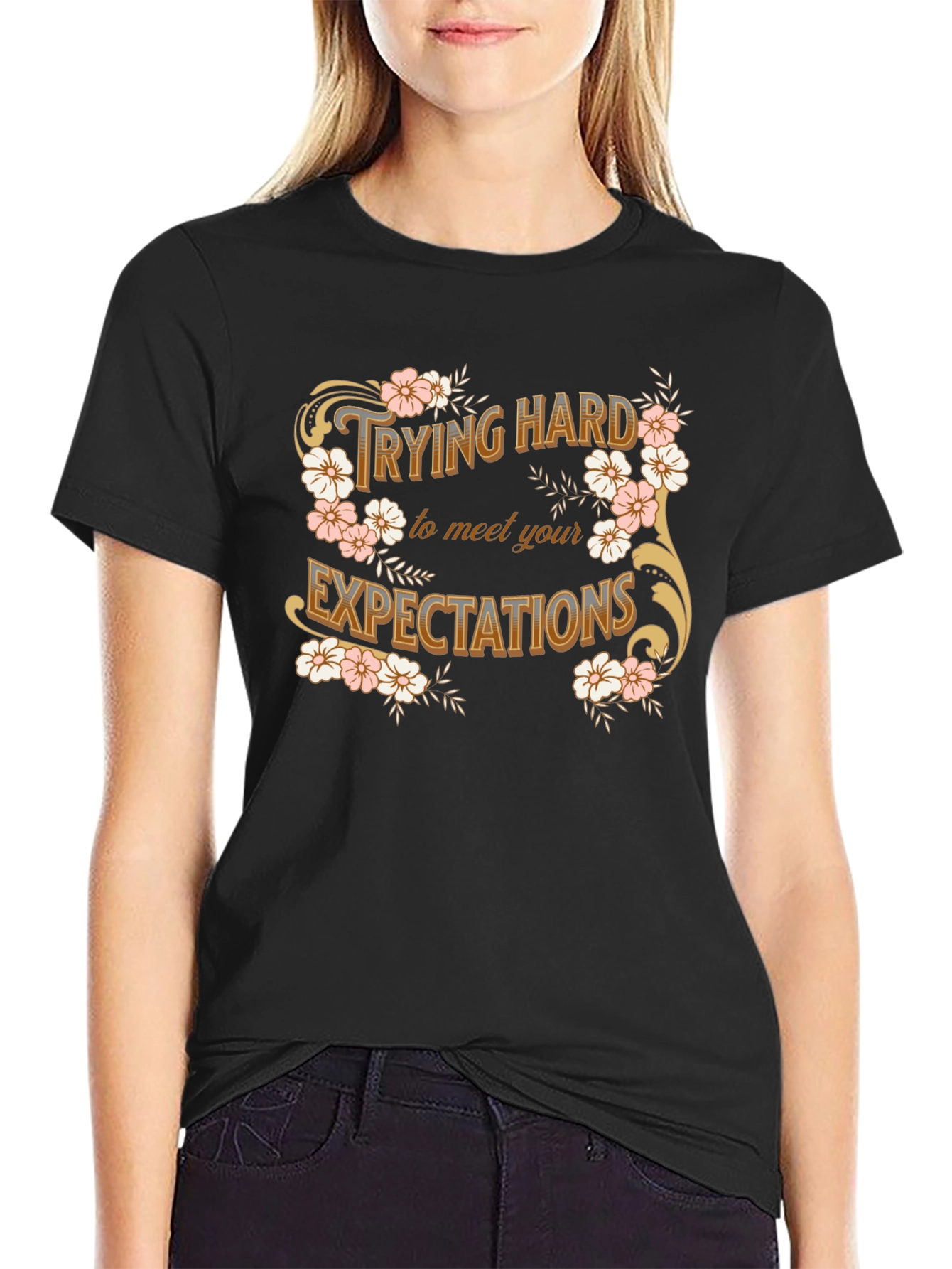 Trying Hard Floral Graphic Tee - Black