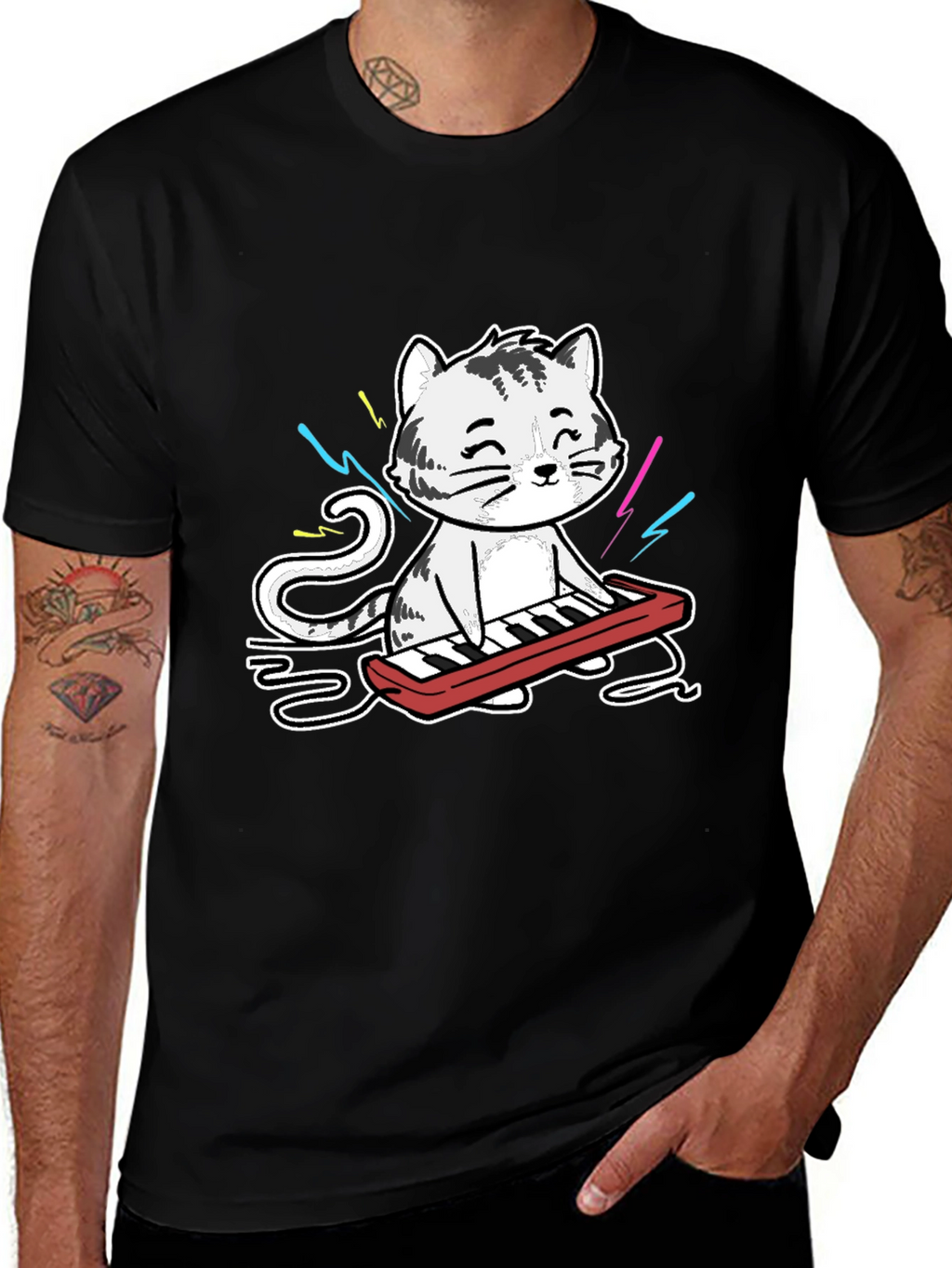 Cool Cat Keyboardist Graphic T-Shirt