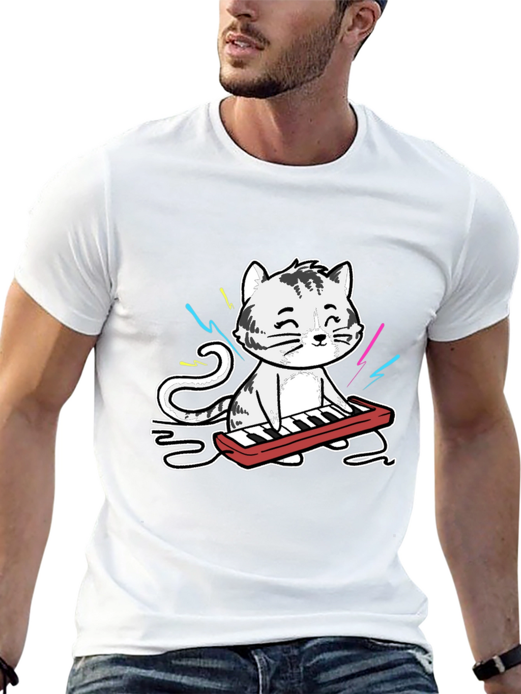 Cool Cat Keyboardist Graphic T-Shirt