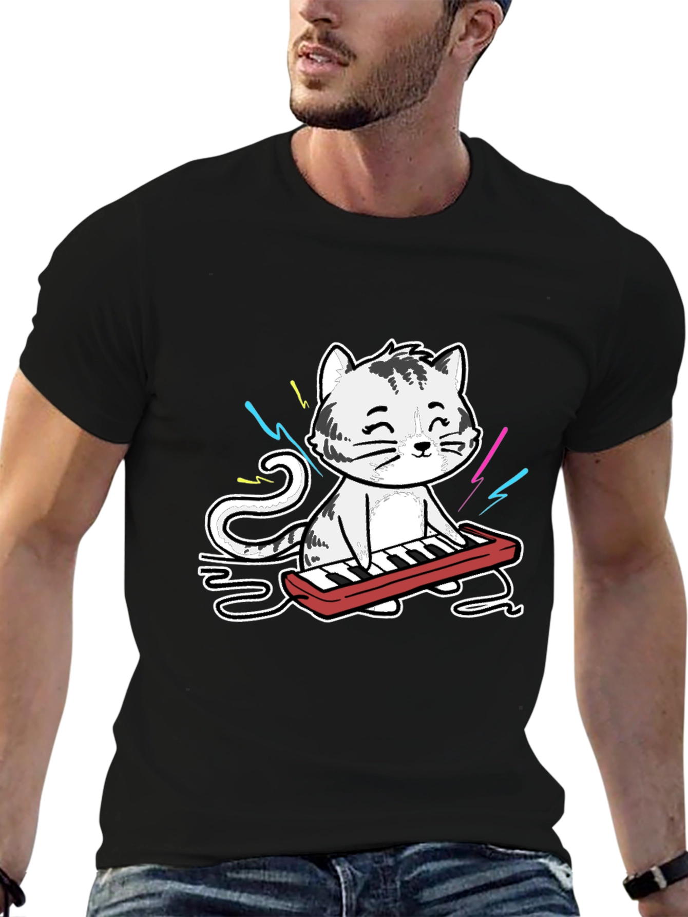 Cool Cat Keyboardist Graphic T-Shirt