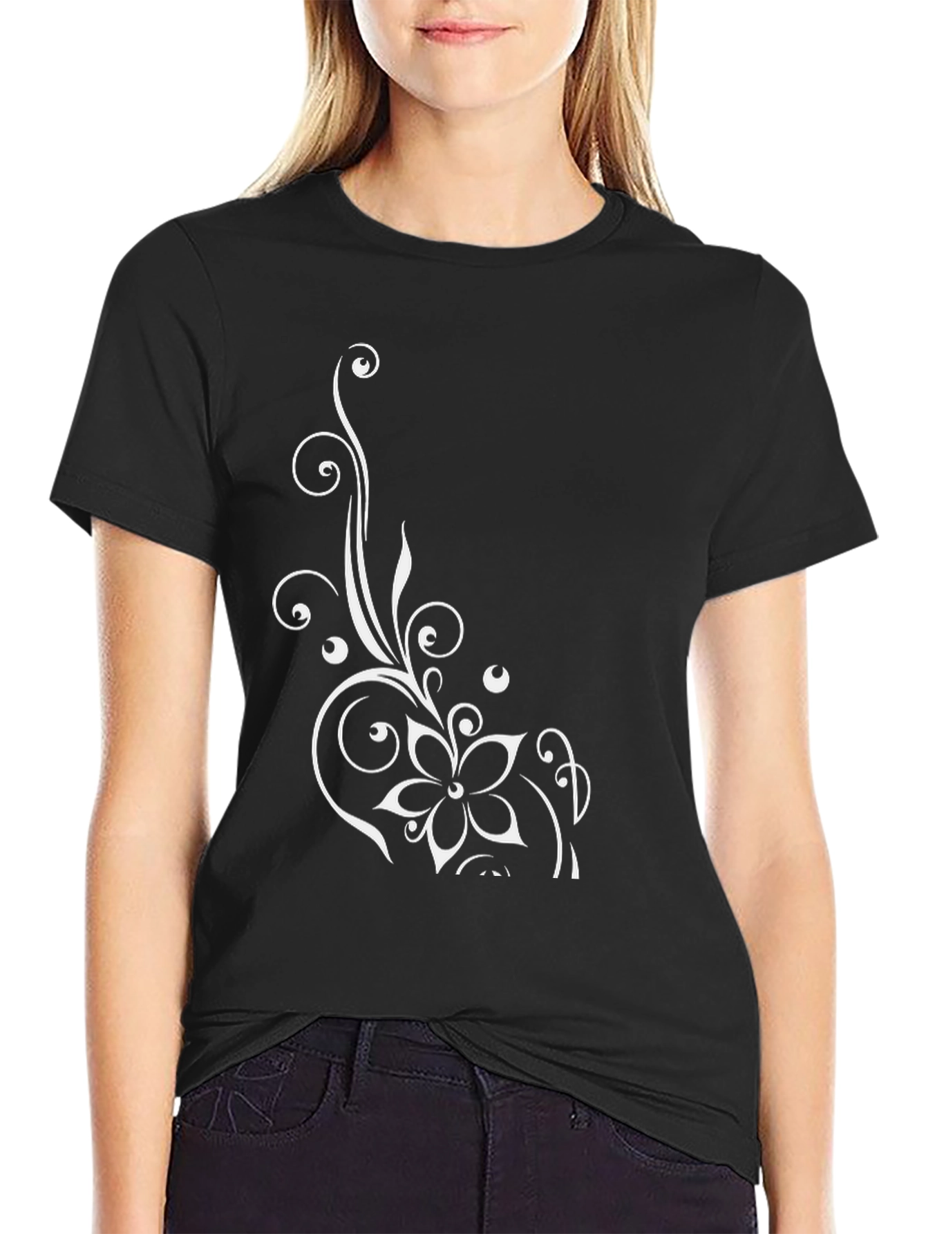 Elegant Floral Design Black T-Shirt for Men