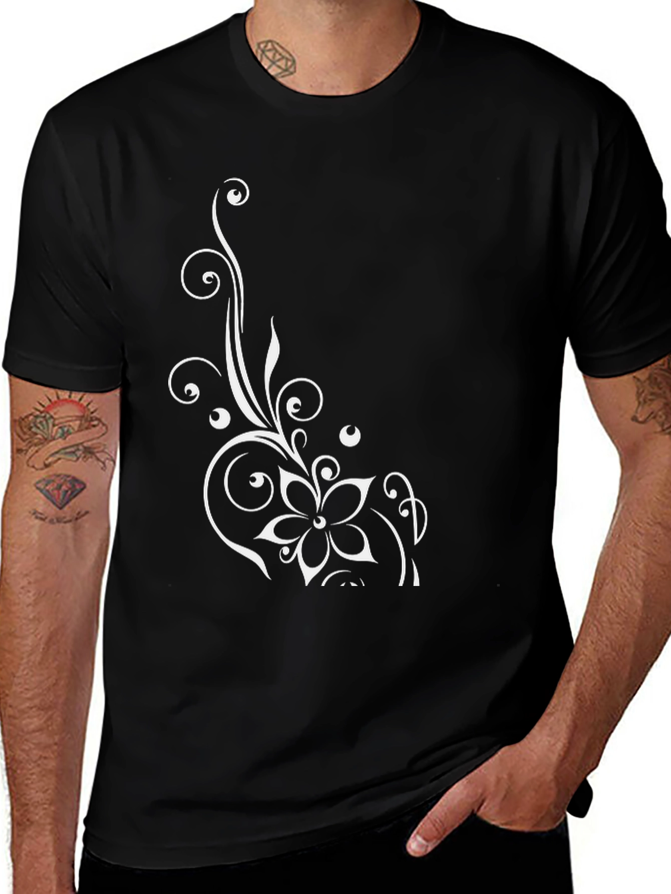 Elegant Floral Design Black T-Shirt for Men