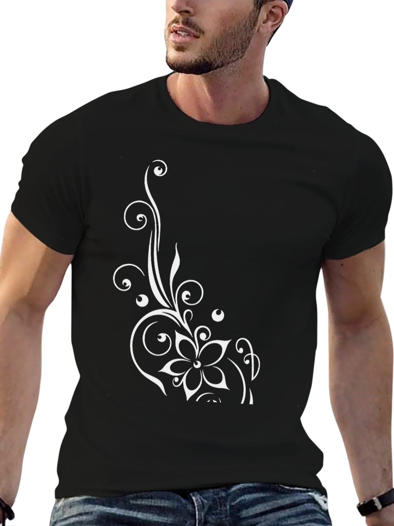 Elegant Floral Design Black T-Shirt for Men