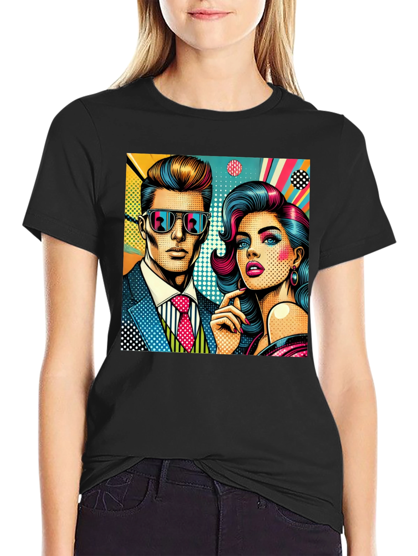 Retro Pop Art Couple Graphic Tee - Stylish Cotton T-Shirt