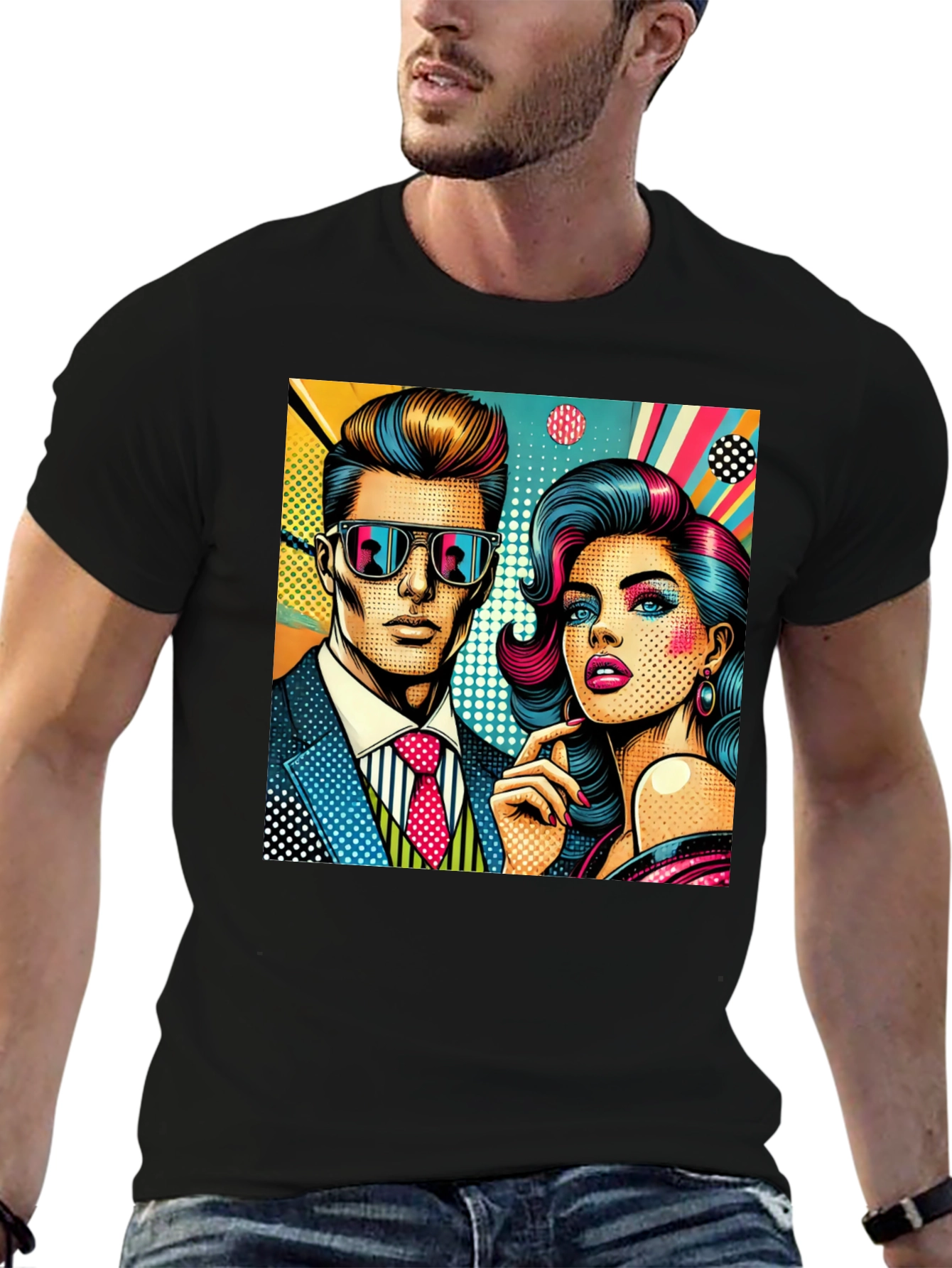 Retro Pop Art Couple Graphic Tee - Stylish Cotton T-Shirt