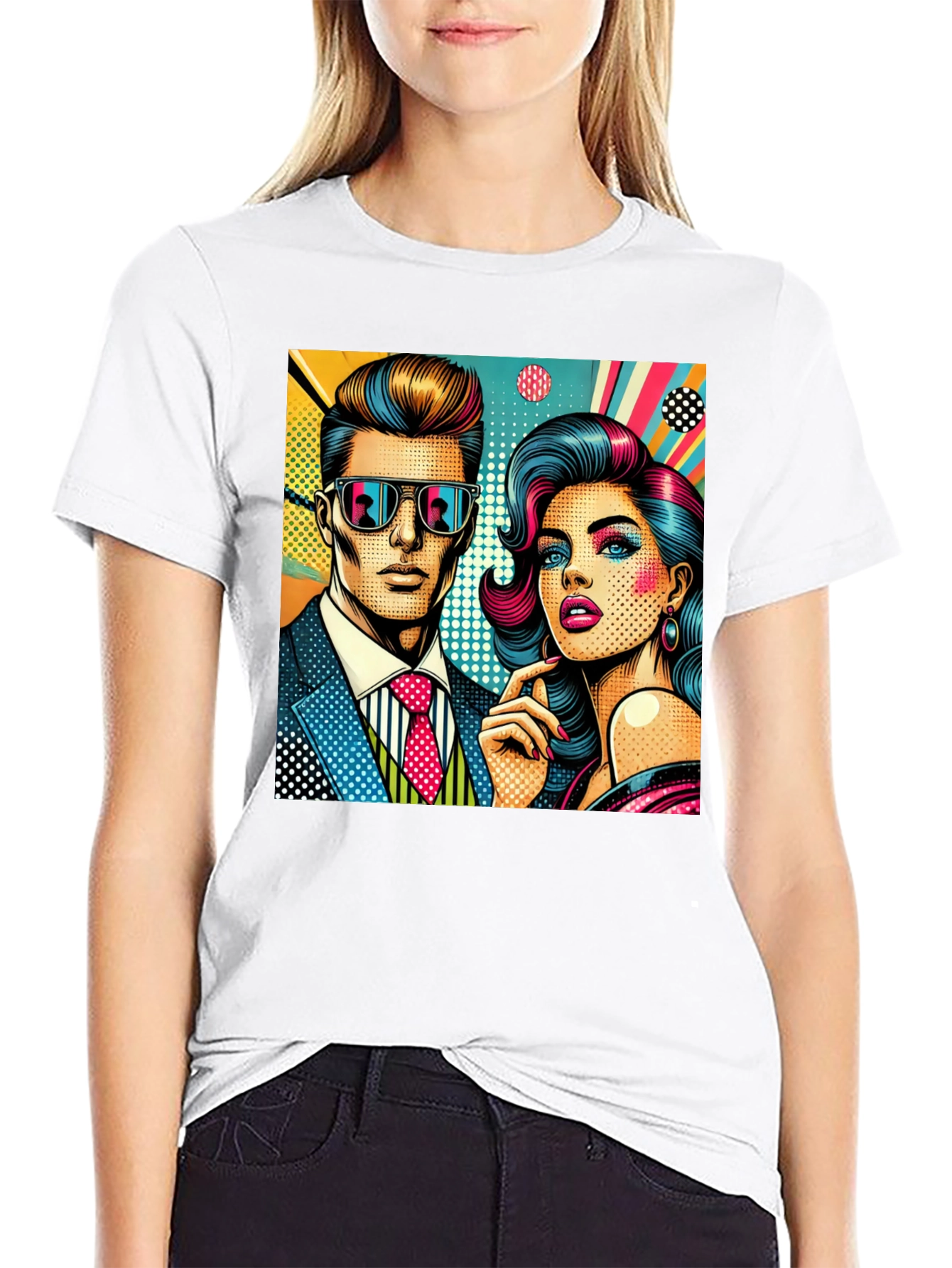Retro Pop Art Couple Graphic Tee - Stylish Cotton T-Shirt