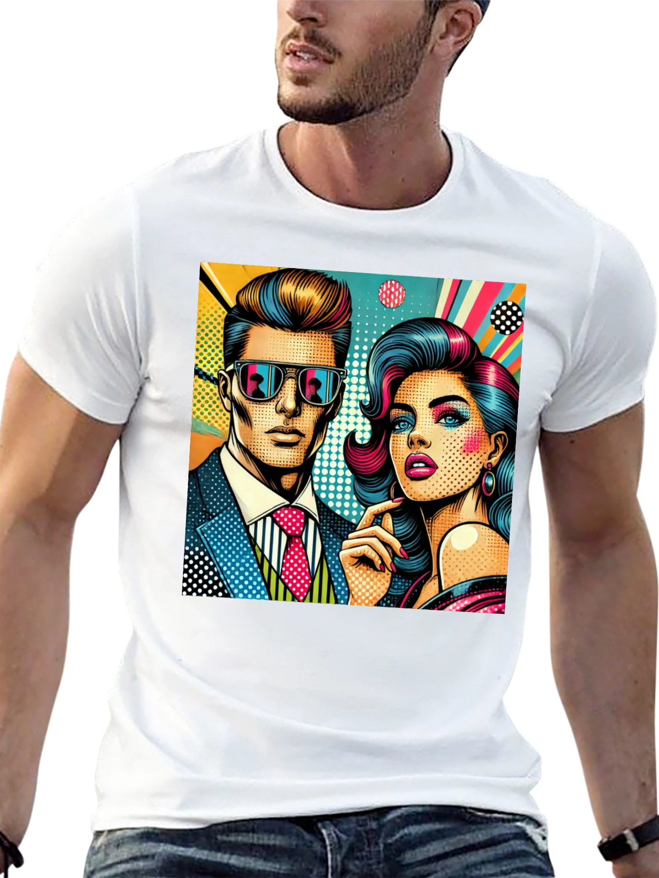 Retro Pop Art Couple Graphic Tee - Stylish Cotton T-Shirt