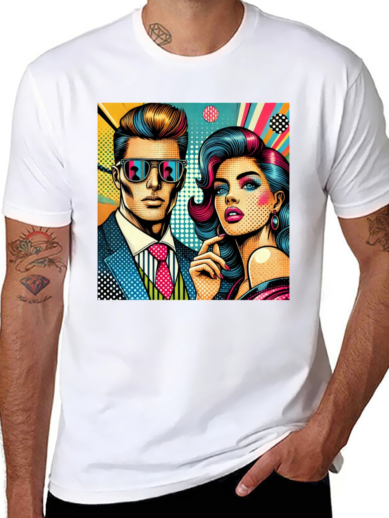 Retro Pop Art Couple Graphic Tee - Stylish Cotton T-Shirt