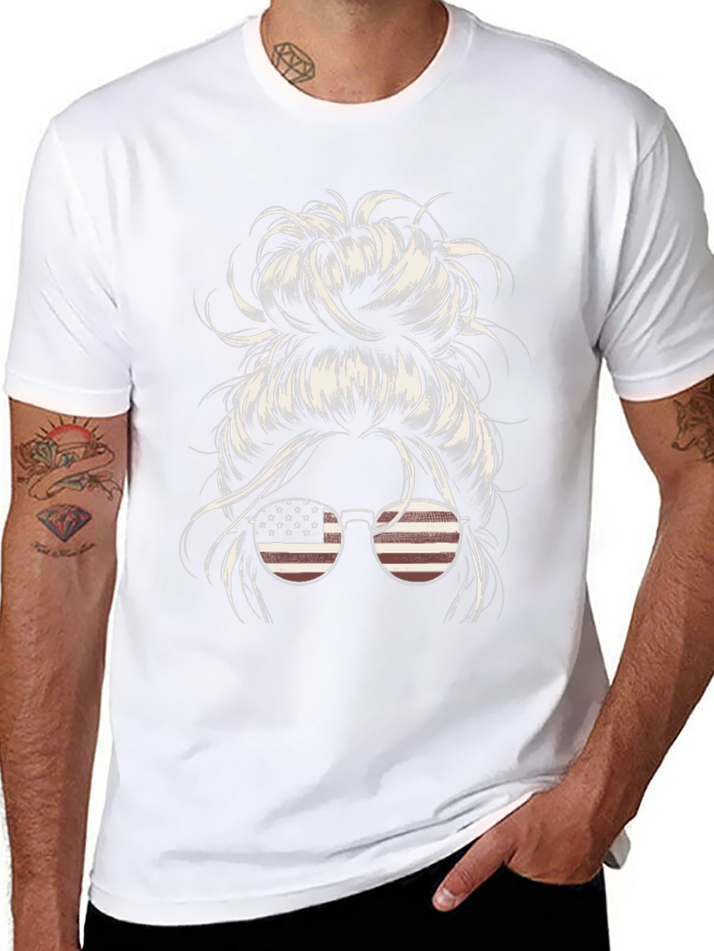 Messy Bun American Flag Sunglasses Graphic Tee