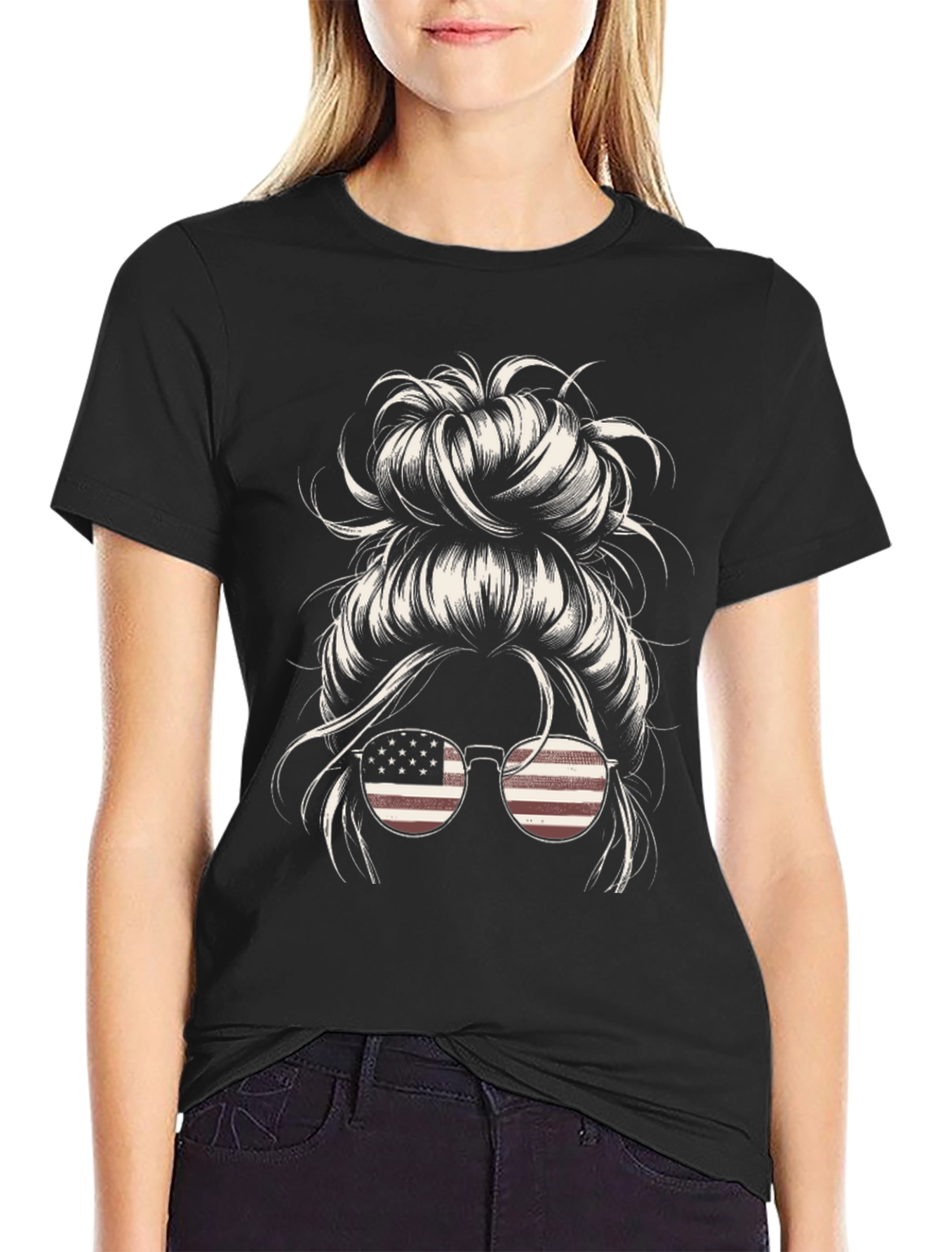 Messy Bun American Flag Sunglasses Graphic Tee