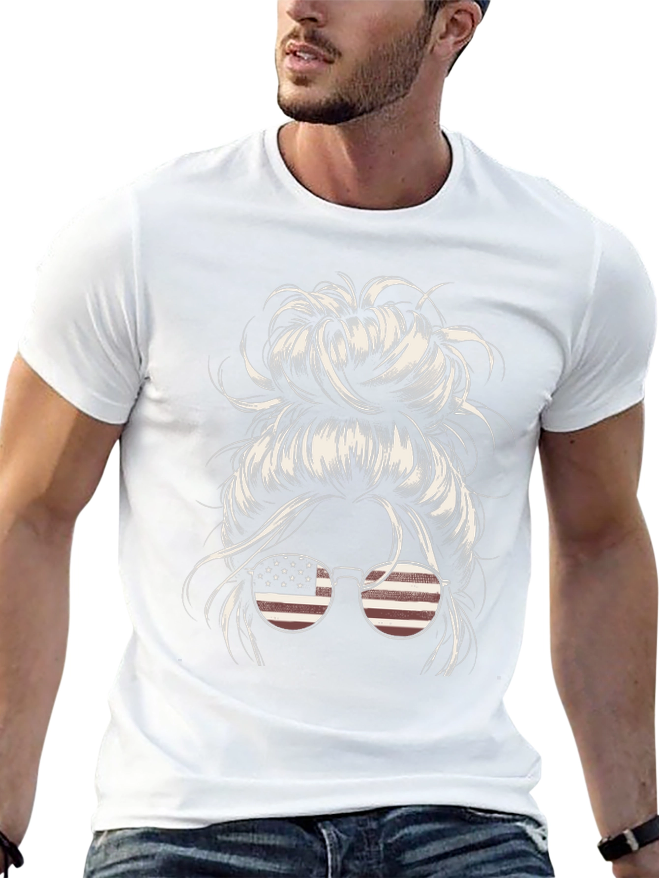 Messy Bun American Flag Sunglasses Graphic Tee