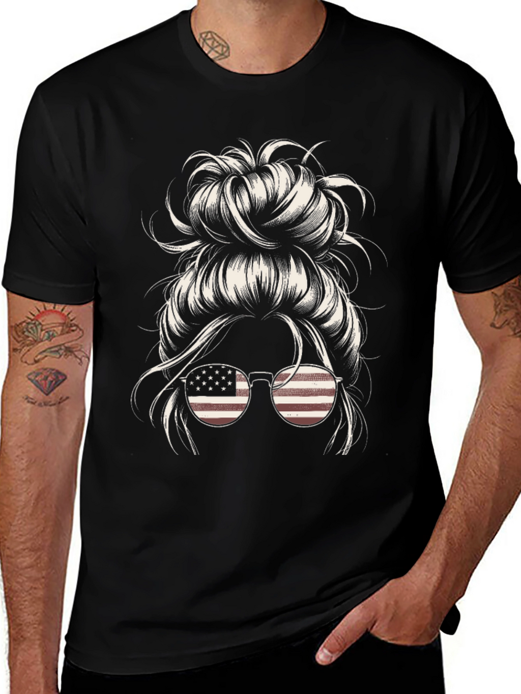 Messy Bun American Flag Sunglasses Graphic Tee