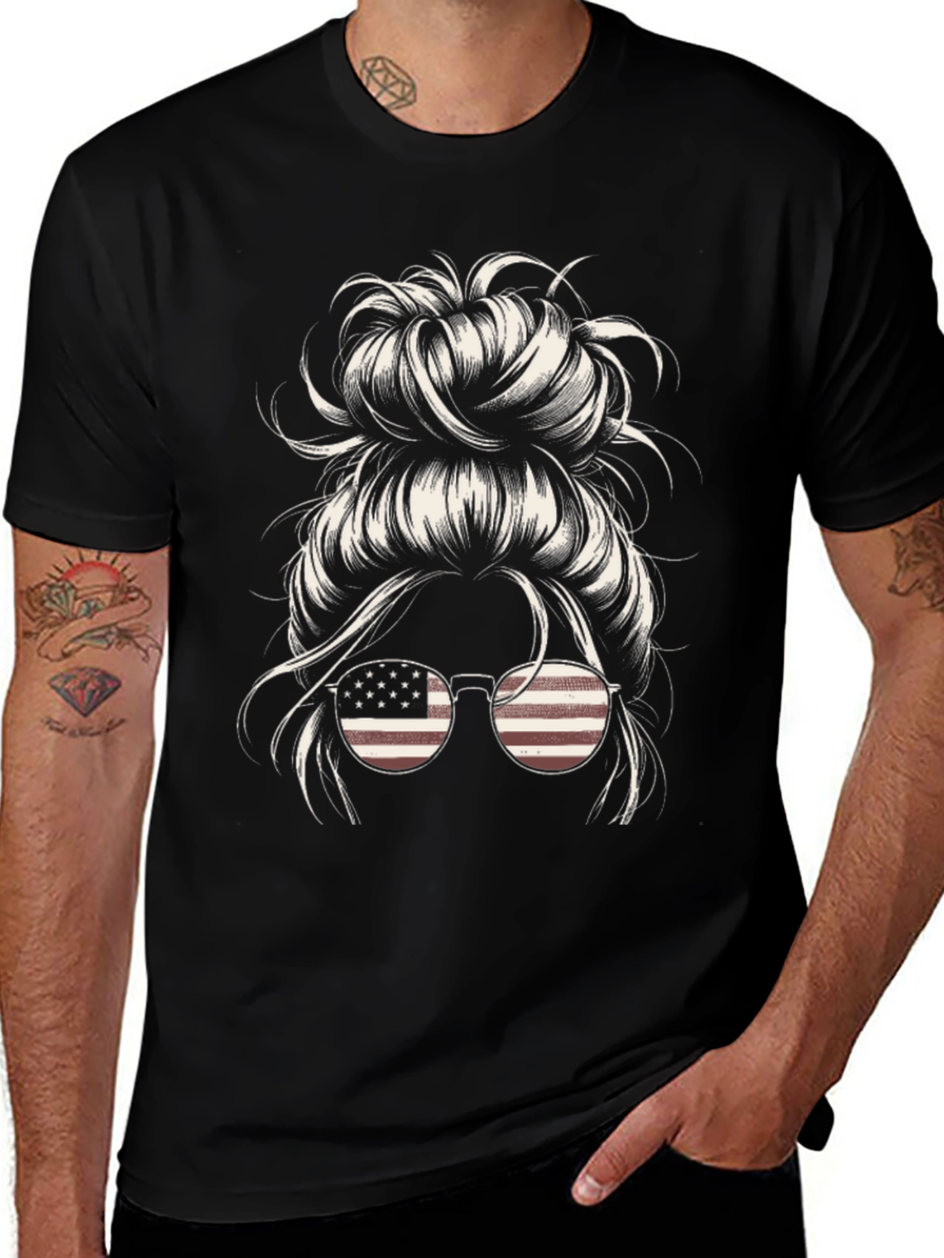 Messy Bun American Flag Sunglasses Graphic Tee