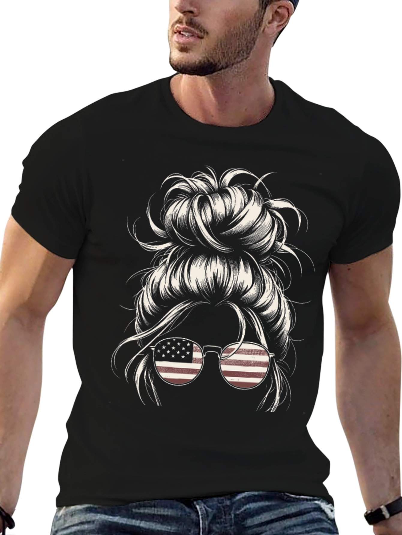 Messy Bun American Flag Sunglasses Graphic Tee