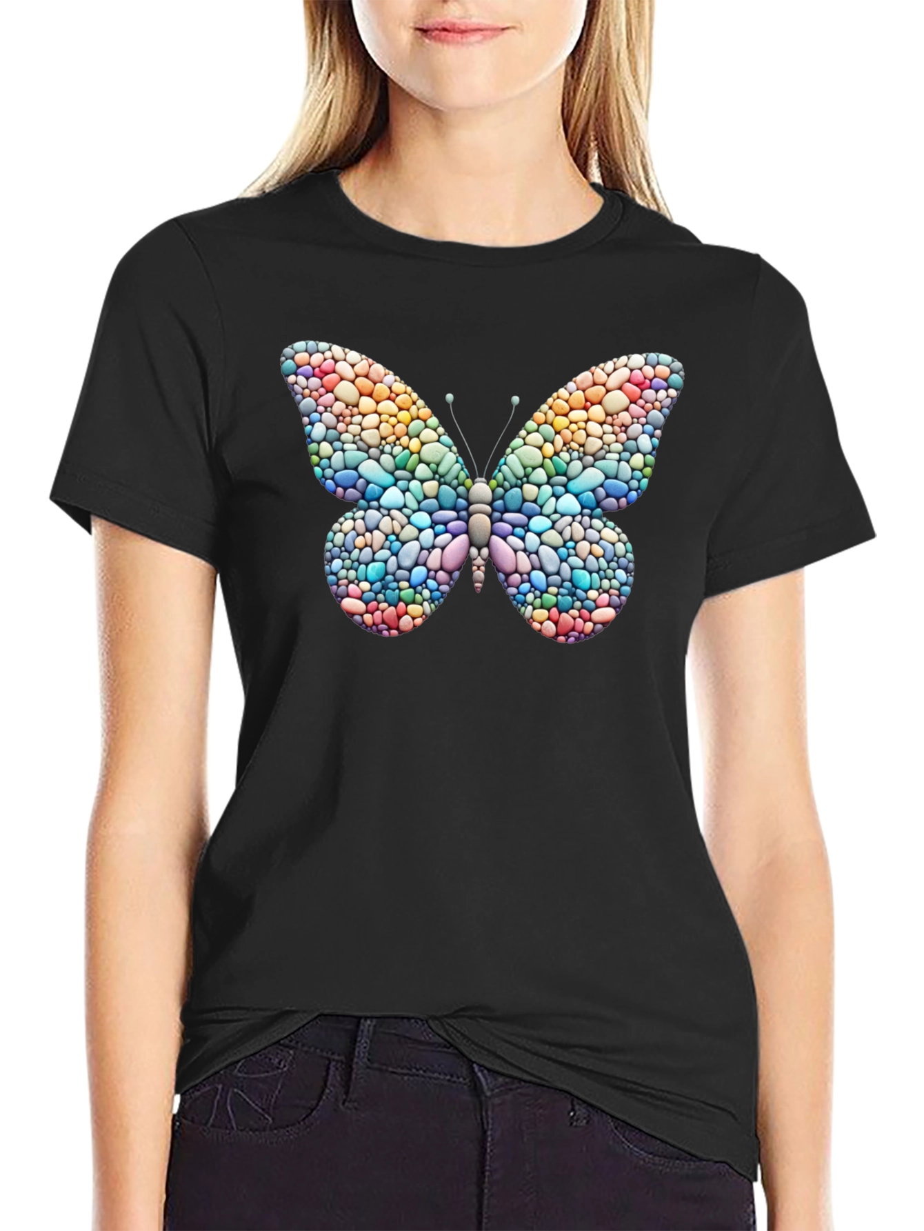 Butterfly Stone Art T-Shirt - Black Casual Tee