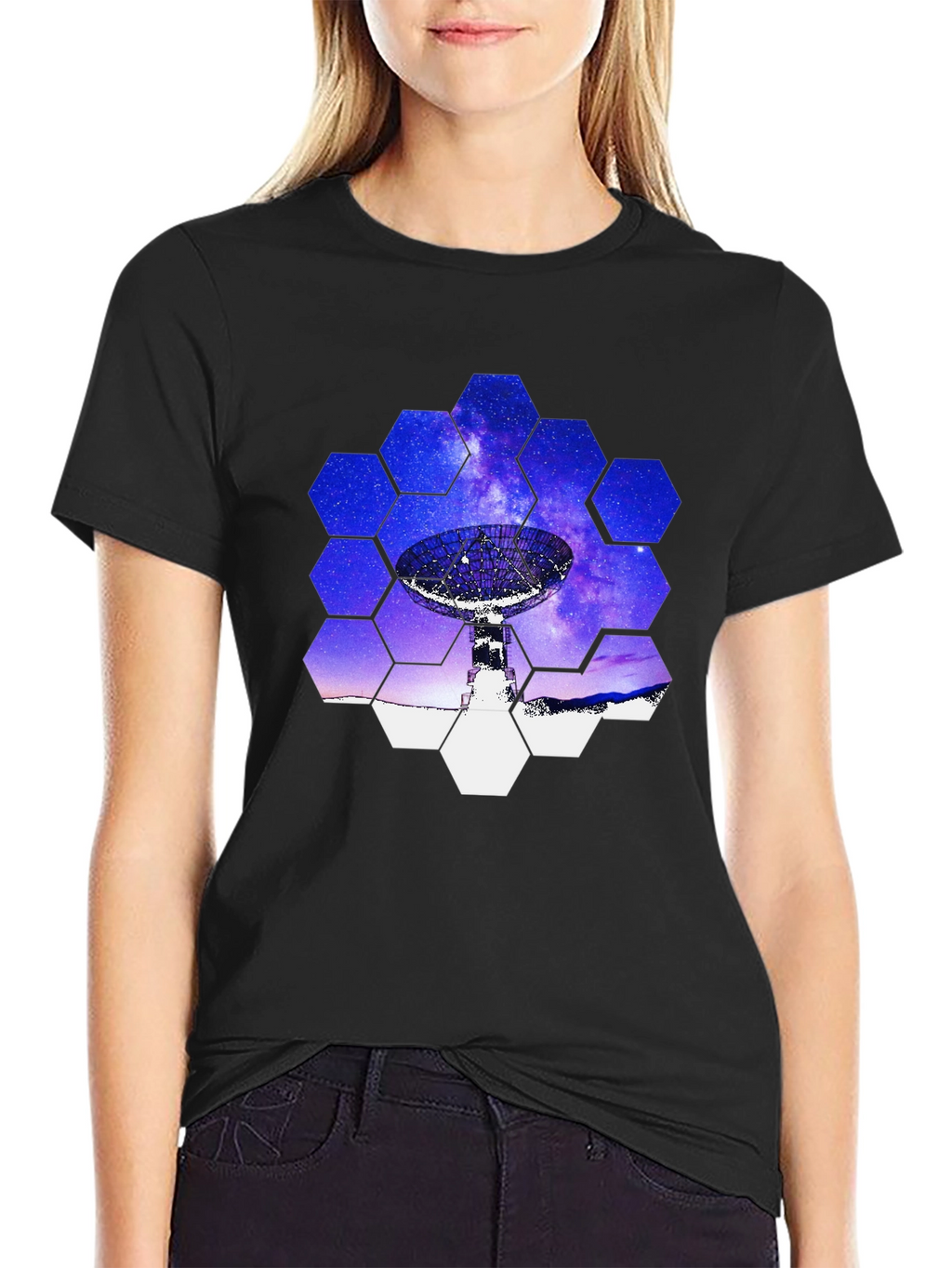 Cosmic Dish T-Shirt - Galaxy Hexagon Design
