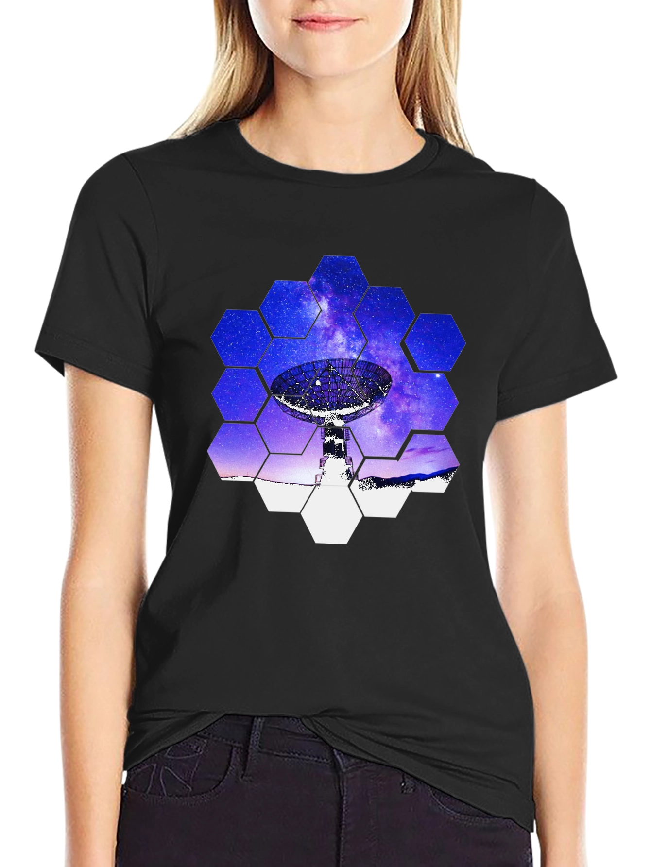 Cosmic Dish T-Shirt - Galaxy Hexagon Design