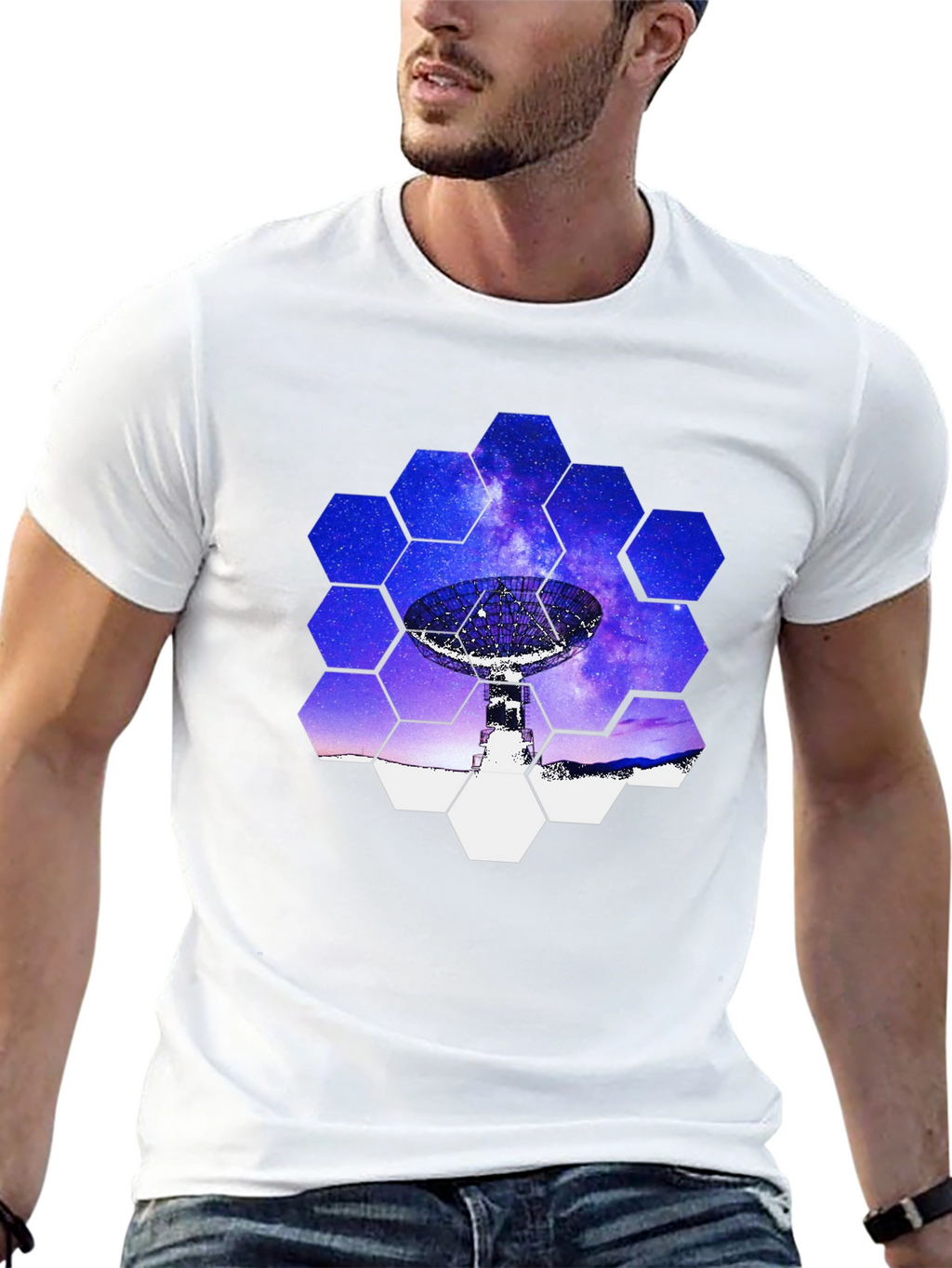 Cosmic Dish T-Shirt - Galaxy Hexagon Design