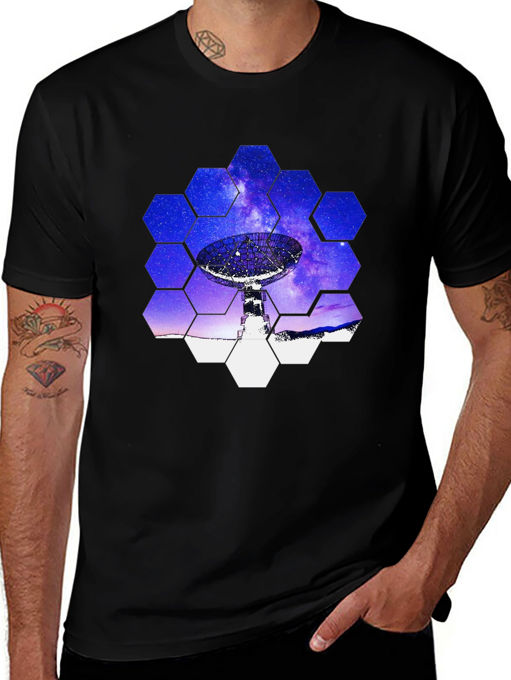 Cosmic Dish T-Shirt - Galaxy Hexagon Design