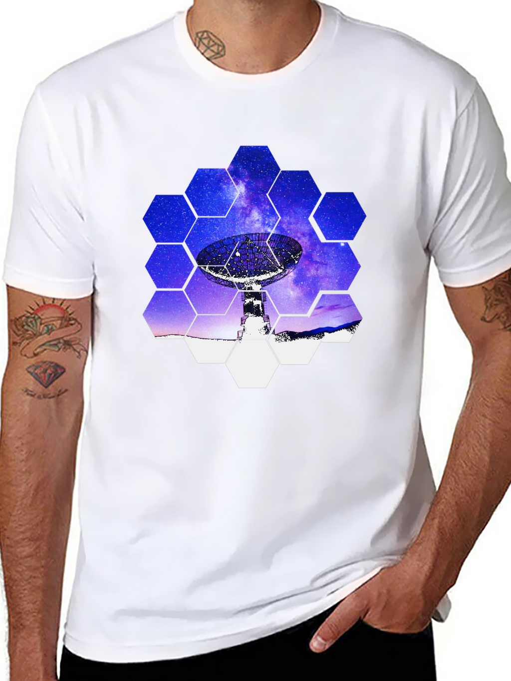 Cosmic Dish T-Shirt - Galaxy Hexagon Design