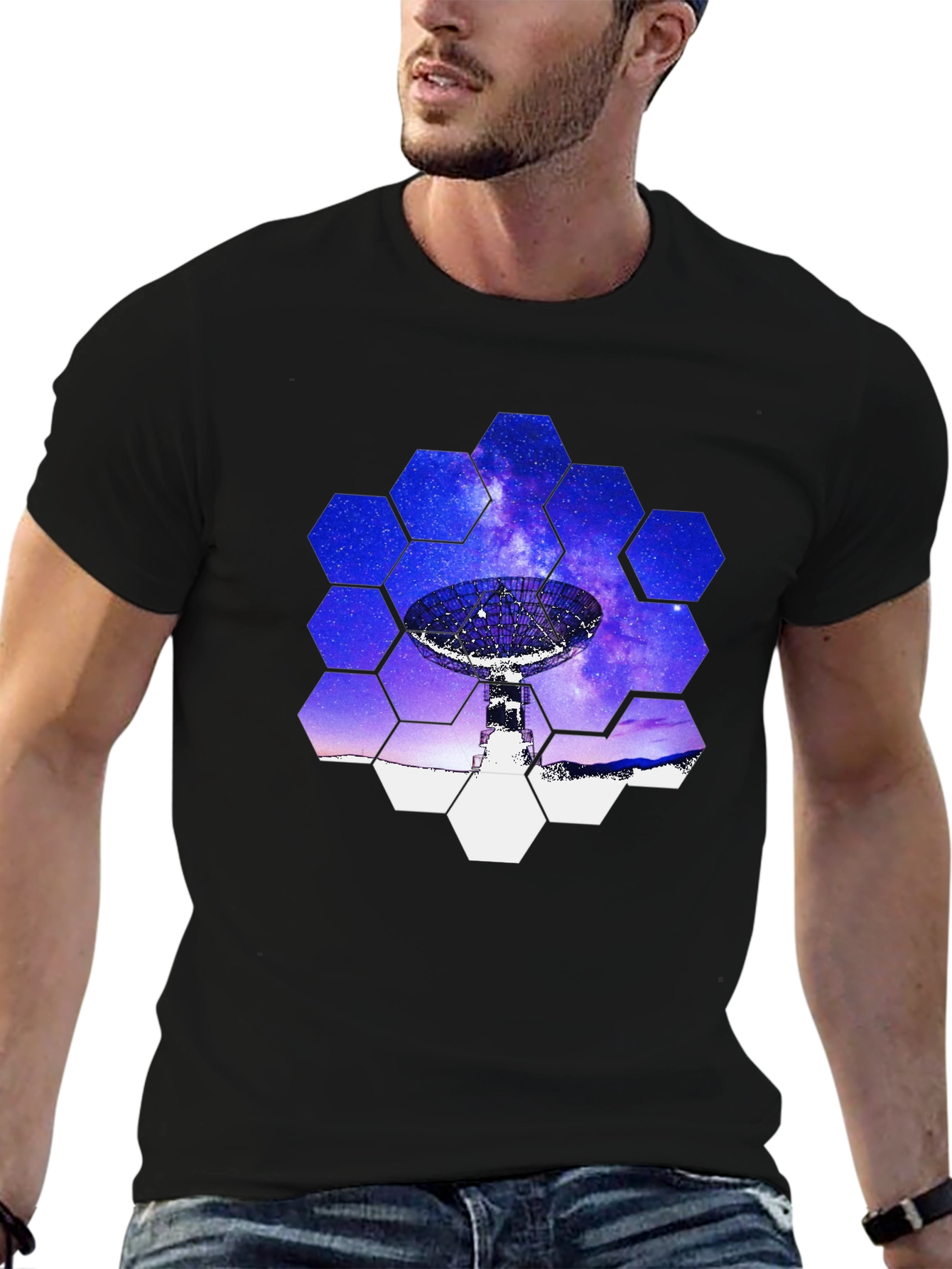 Cosmic Dish T-Shirt - Galaxy Hexagon Design