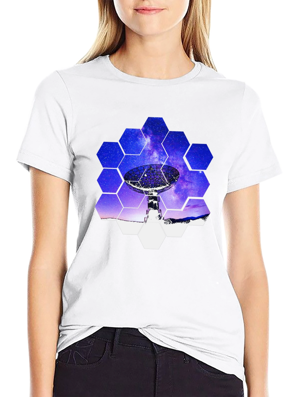 Cosmic Dish T-Shirt - Galaxy Hexagon Design