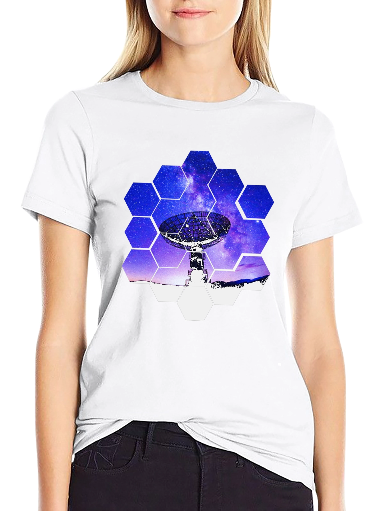 Cosmic Dish T-Shirt - Galaxy Hexagon Design