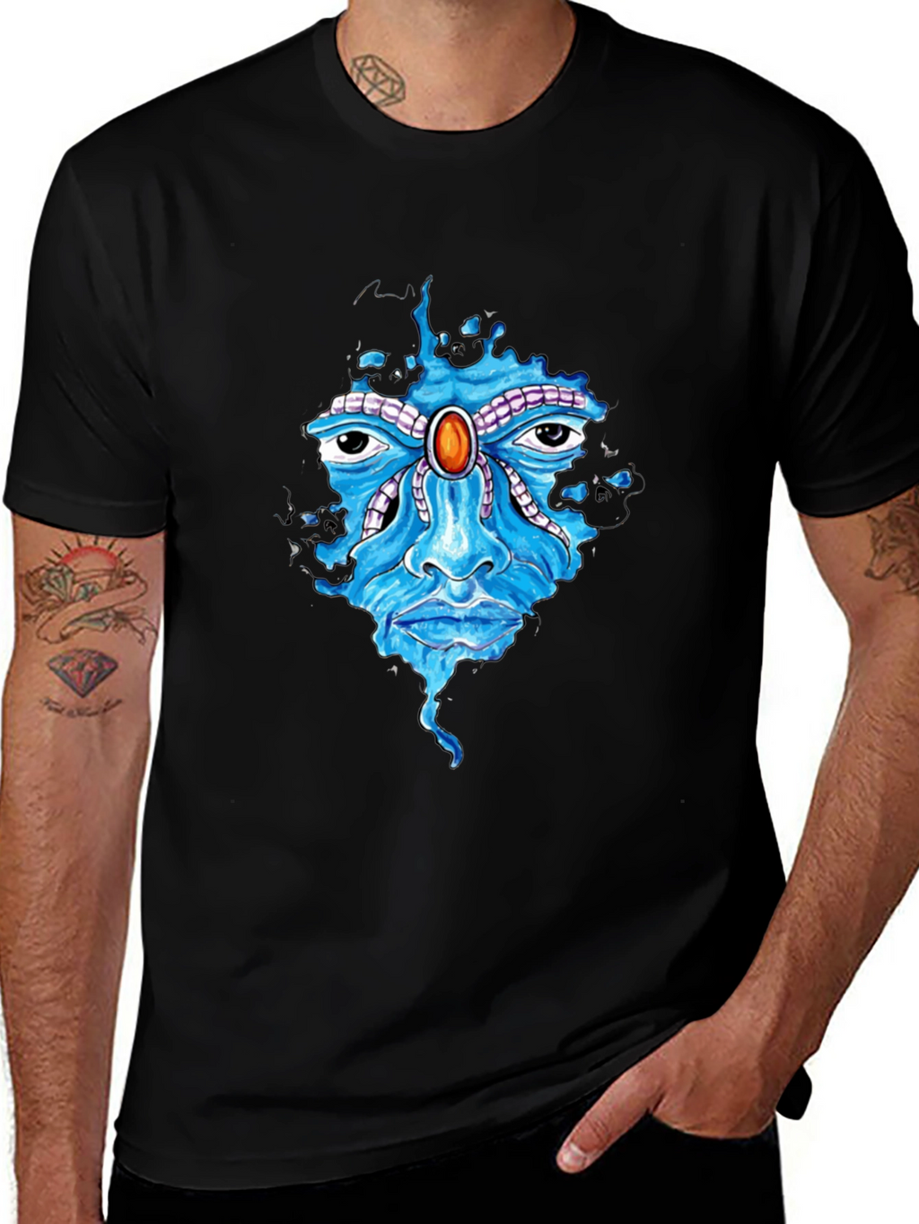 Abstract Face Graphic Print Mens Black T-Shirt
