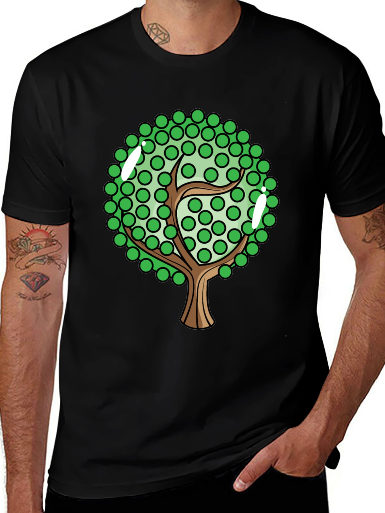 Cartoon Tree Graphic Tee - Black Cotton Blend