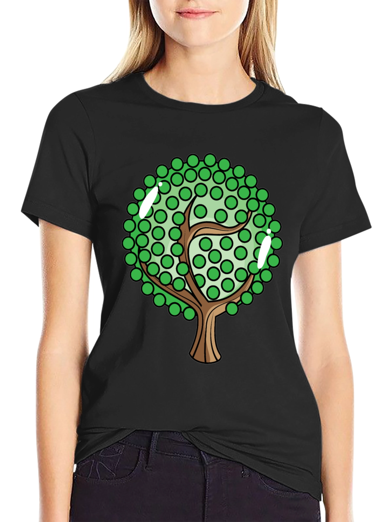 Cartoon Tree Graphic Tee - Black Cotton Blend