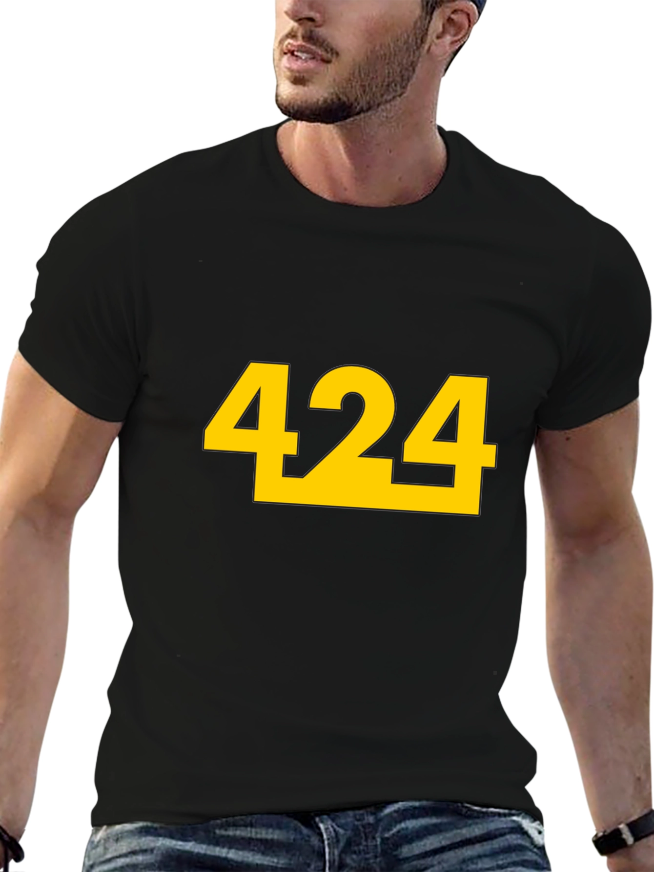 Black T-Shirt with Bold Yellow 424 Graphic