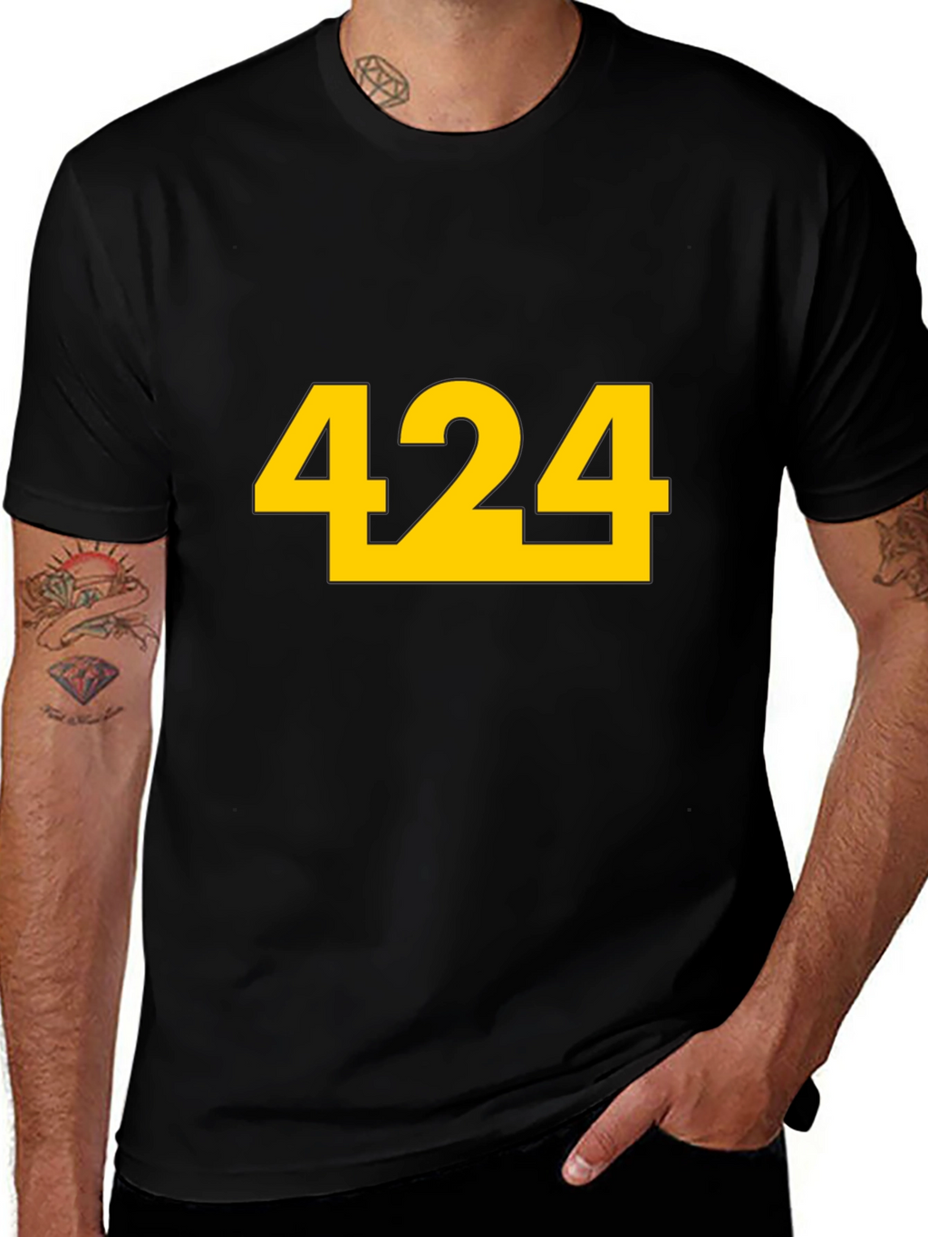 Black T-Shirt with Bold Yellow 424 Graphic