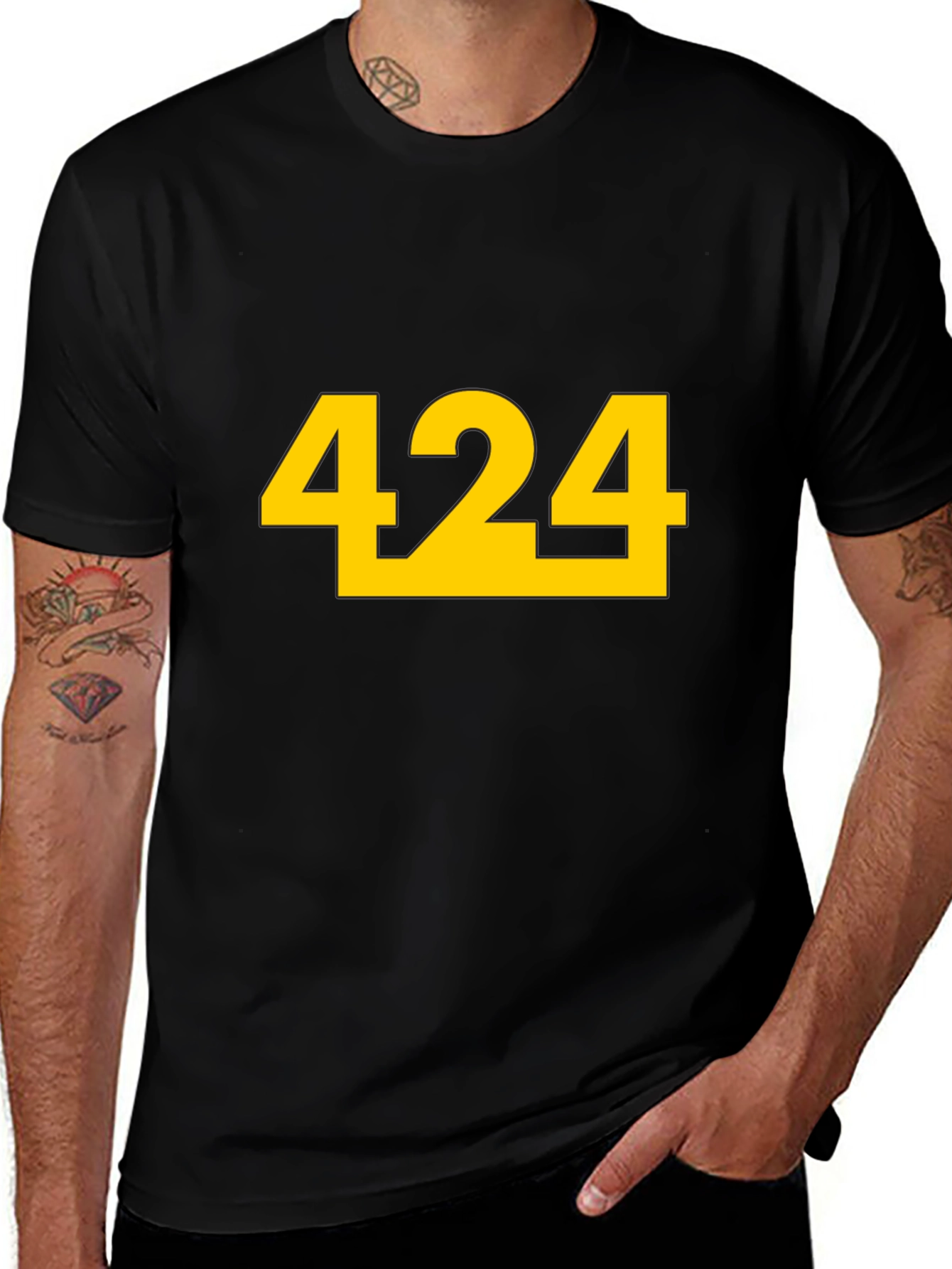 Black T-Shirt with Bold Yellow 424 Graphic