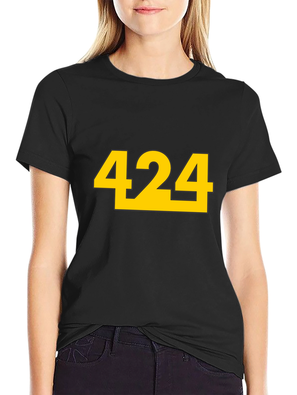 Black T-Shirt with Bold Yellow 424 Graphic