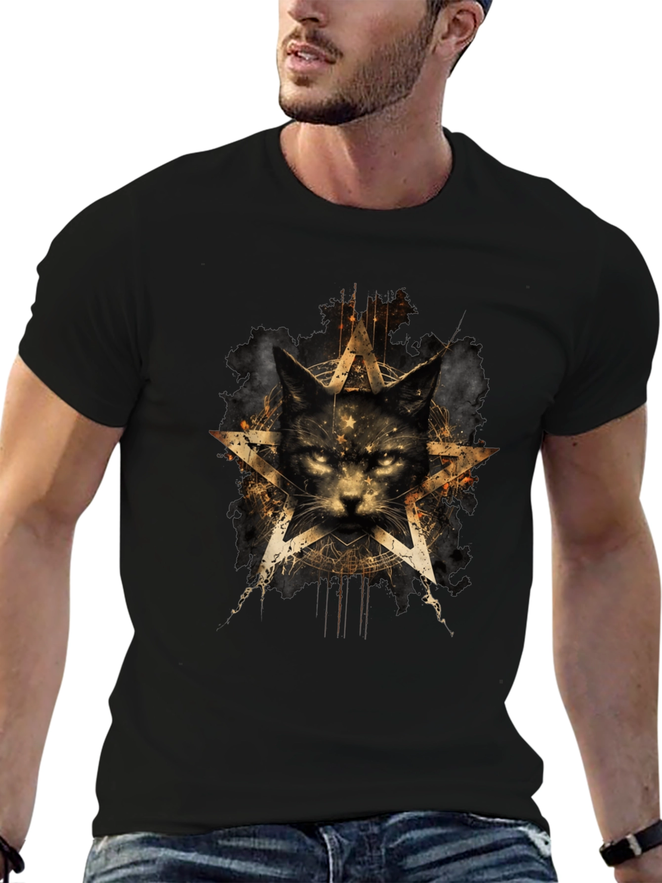 Mystic Cat Pentagram Graphic T-Shirt