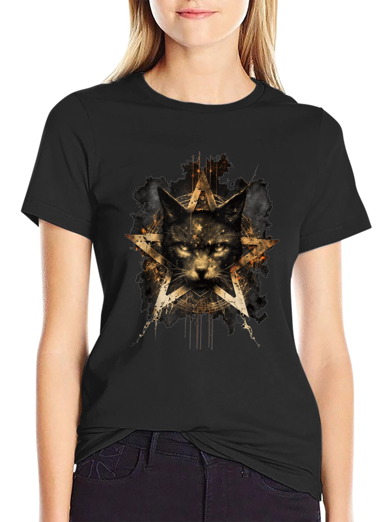 Mystic Cat Pentagram Graphic T-Shirt