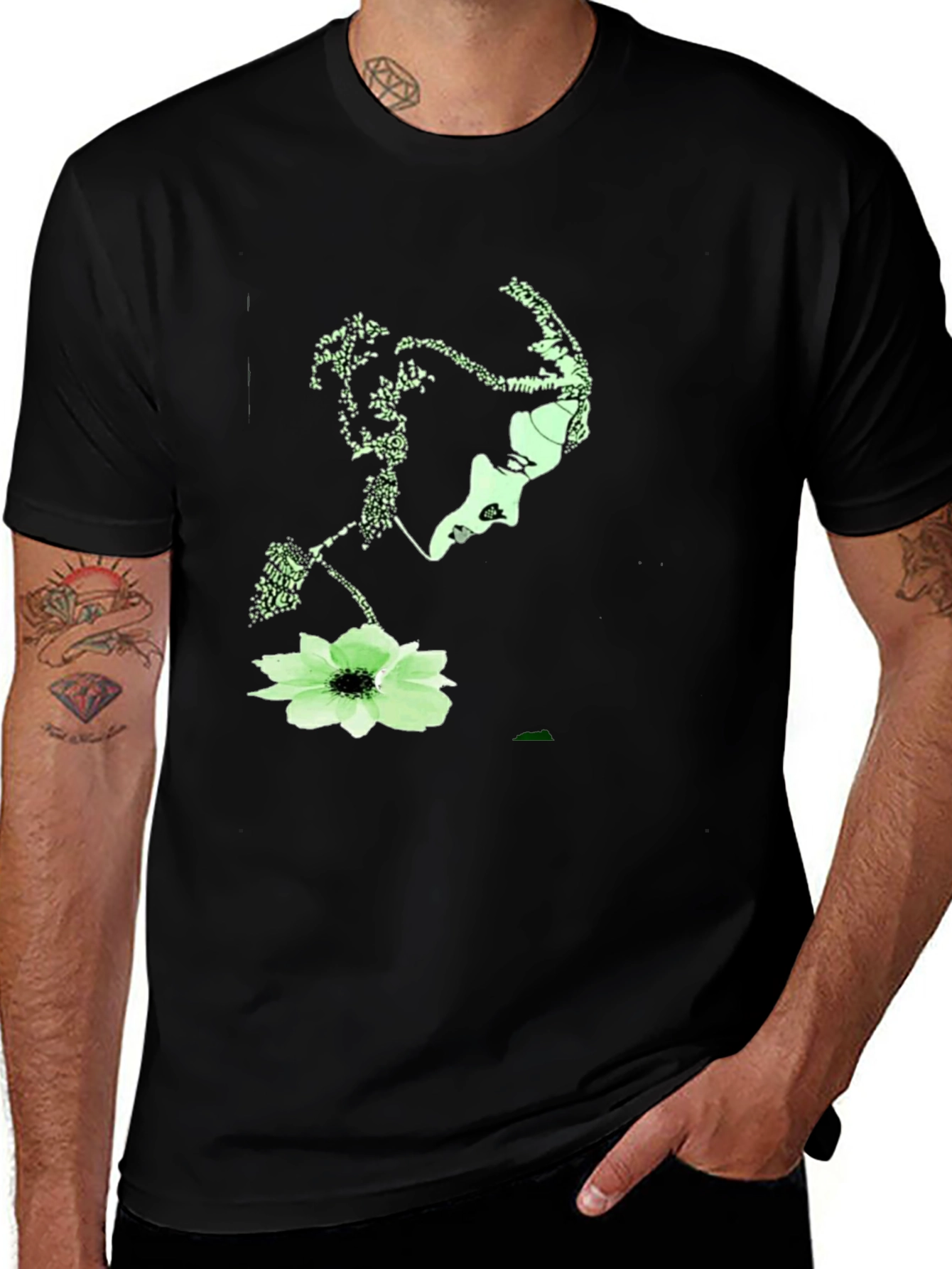 Abstract Face & Floral Print Black T-Shirt