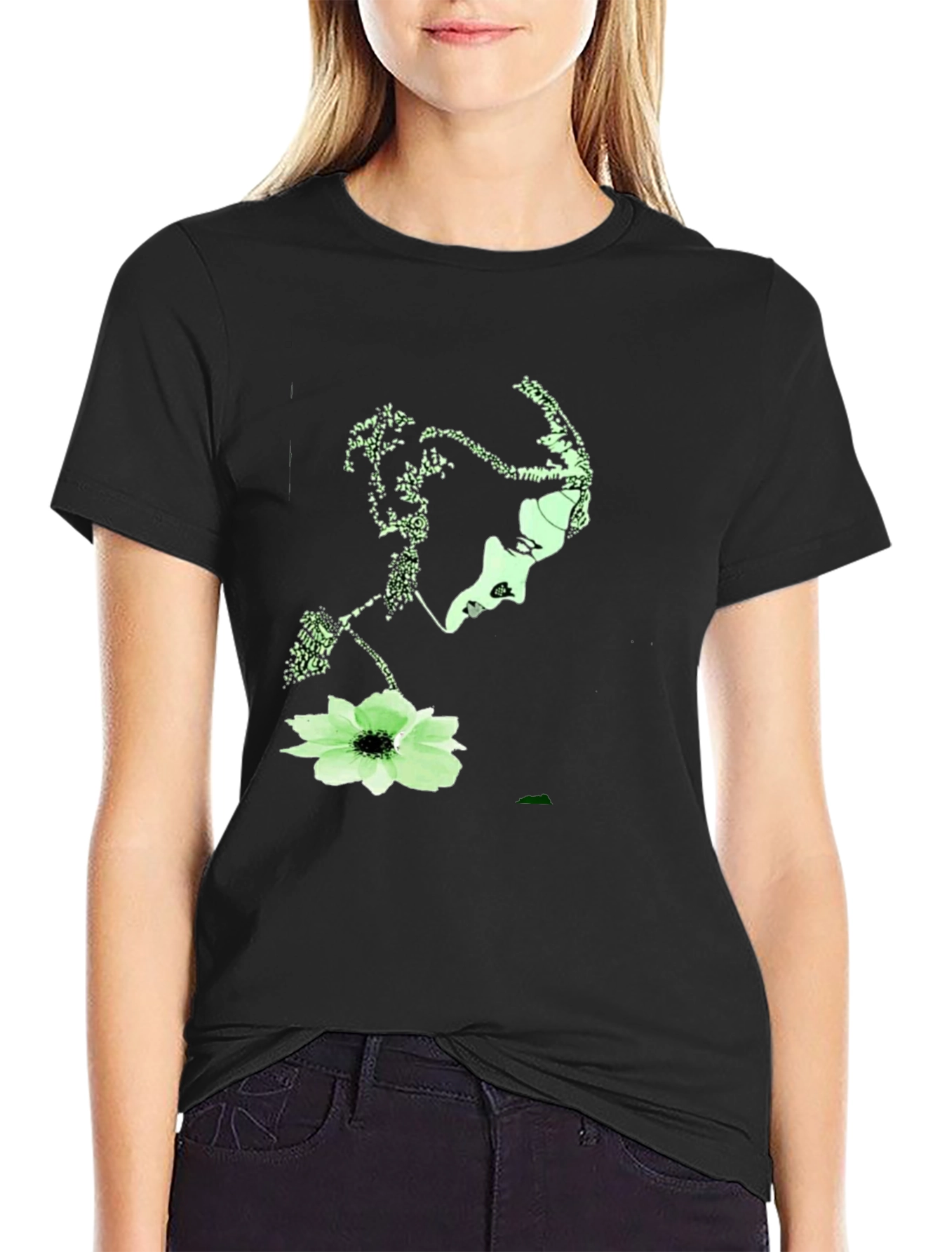 Abstract Face & Floral Print Black T-Shirt