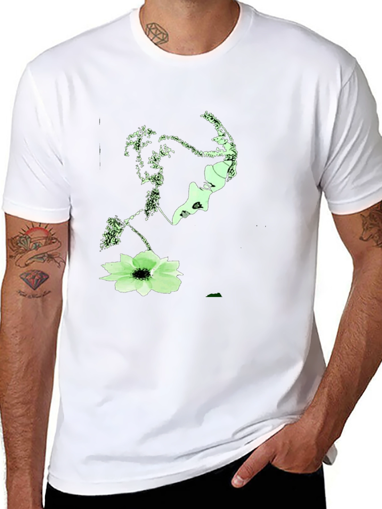 Abstract Face & Floral Print Black T-Shirt
