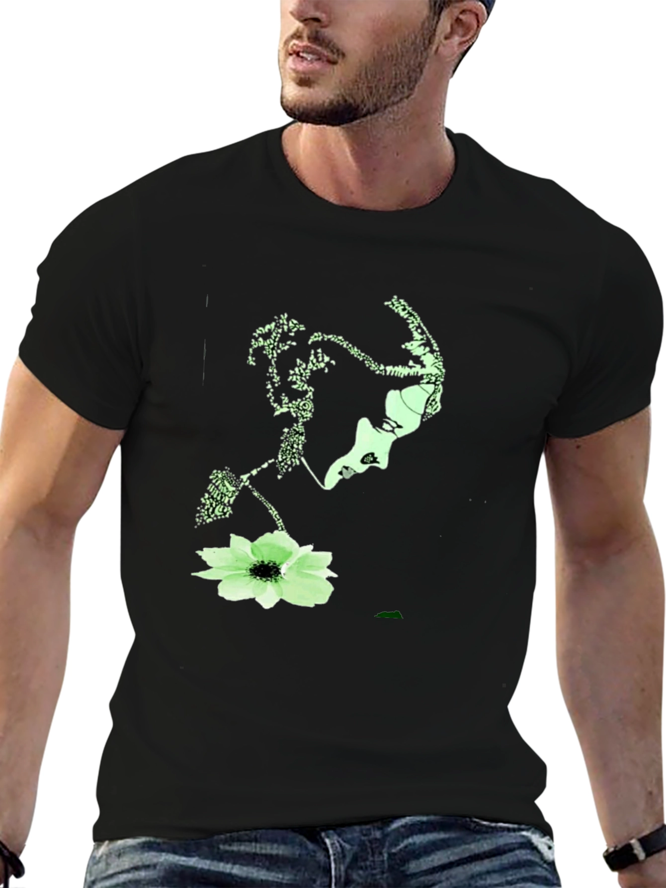 Abstract Face & Floral Print Black T-Shirt