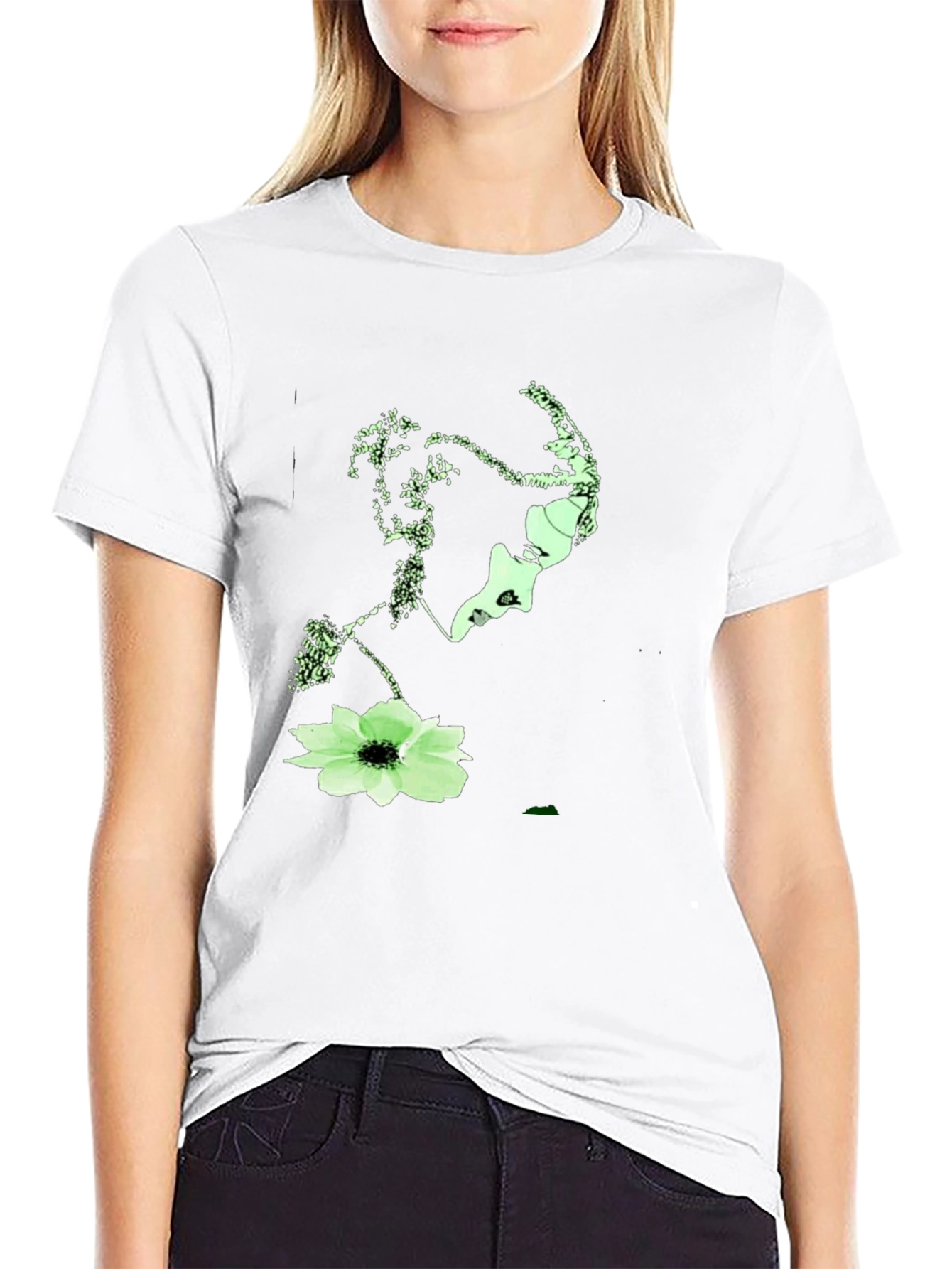 Abstract Face & Floral Print Black T-Shirt